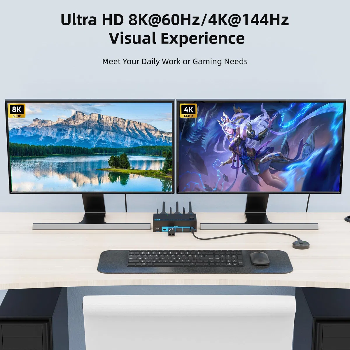 8K HDMI 2.1 KVM Switch 2 PC 2 Monitore 2 IN 2 OUT Dual Monitor KVM Switches Maximale Unterstützung 8K@60Hz/4K@144Hz, mit 4 USB 3.0-Anschlüssen kabelgebundener & Fernbedienung & 2 USB 3.0-Kabeln