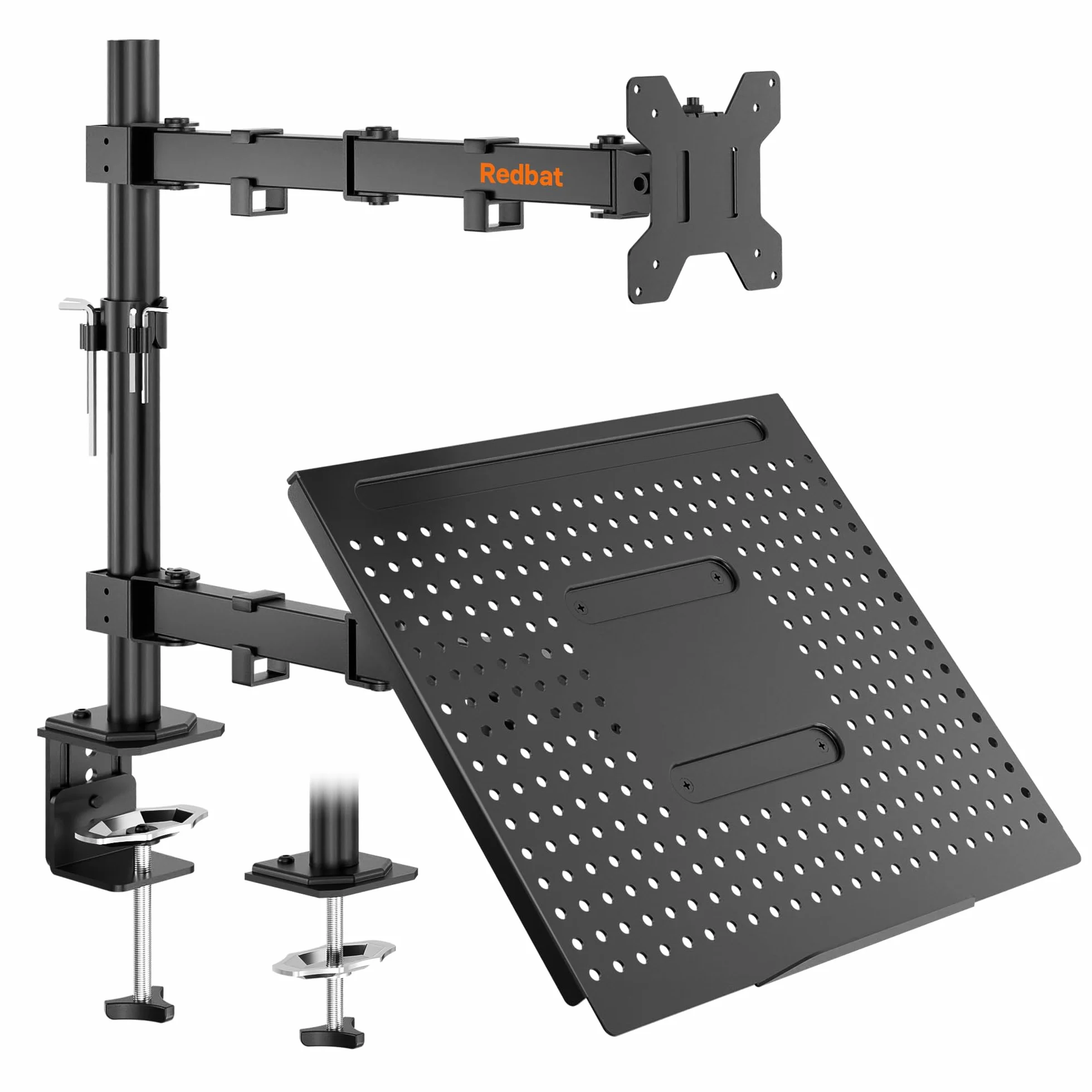 Redbat Monitorarm mit Laptopfach, Dual Screens, Voll einstellbar für 13 bis 32 Zoll LCD LED Bildschirm bis 8kg & Notebook bis 16 Zoll, Neigen, Schwenken & Drehen, 2 Befestigungsmöglichkeiten