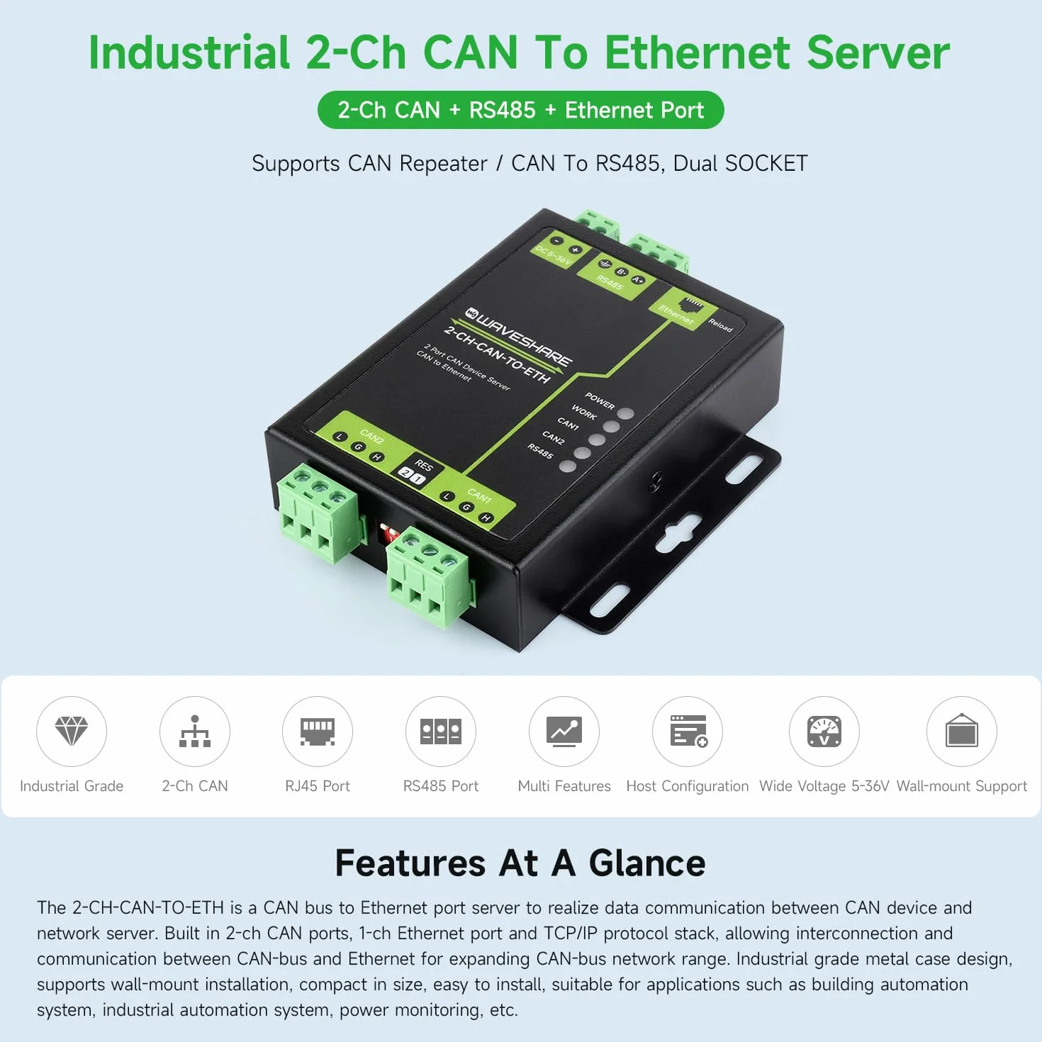 Waveshare 2-Channel CAN Bus to Ethernet Gateway Server RS485 Industrial Protocol Converter DIN-Rail