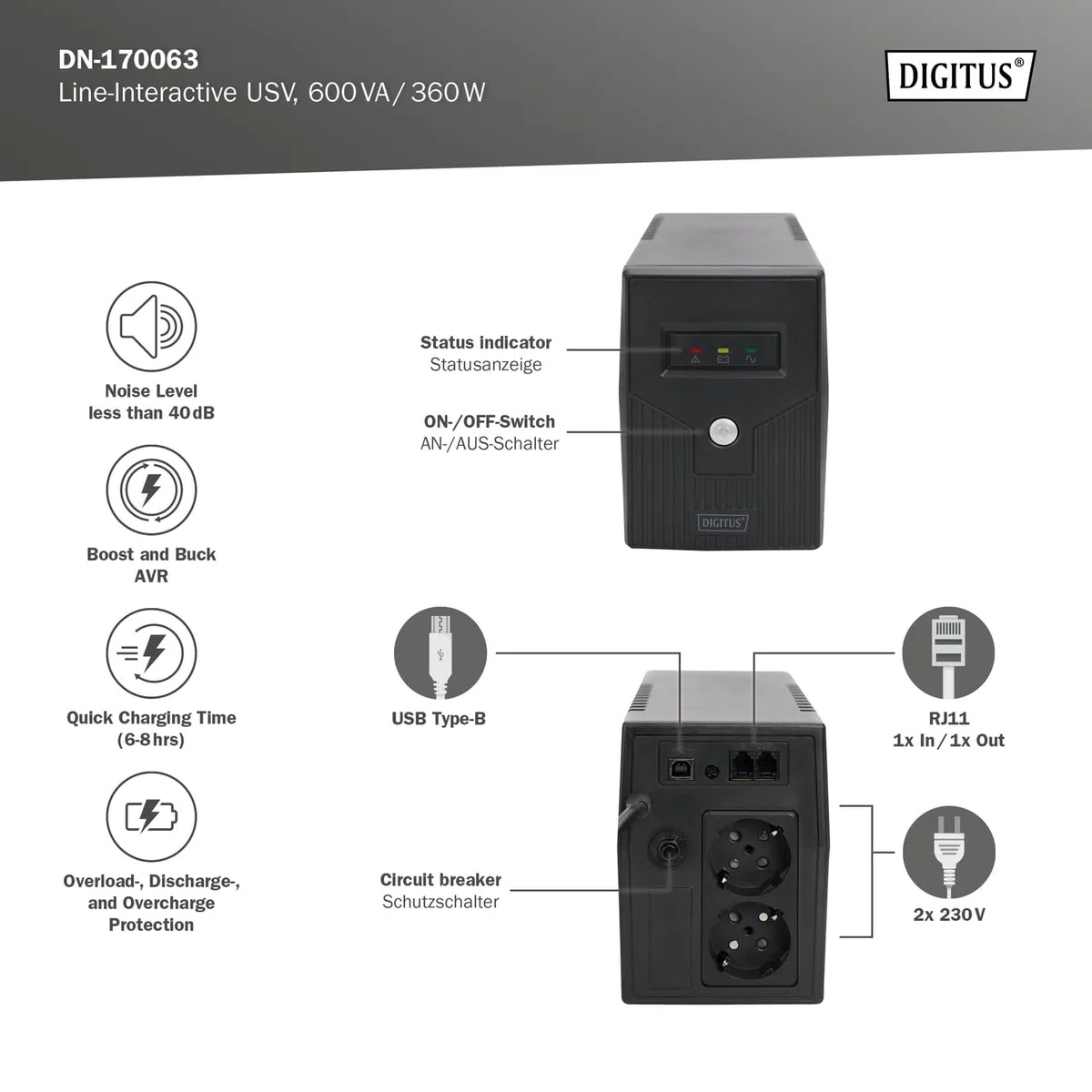 DIGITUS Line-Interactive VI USV - 600VA / 360W - AVR - 2 Schutzkontakt-Steckdosen - Shutdown-Software USB/RS232/RJ11