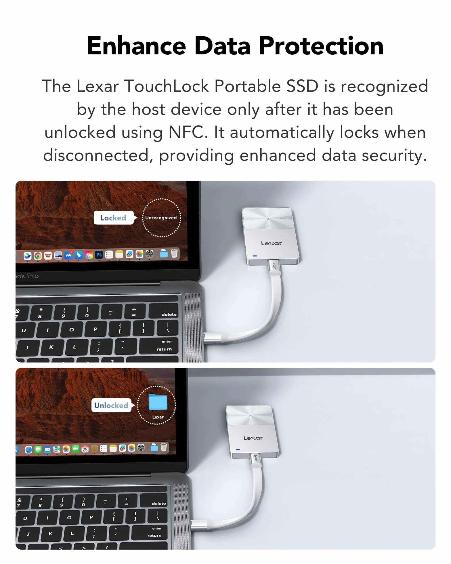 Lexar TouchLock Tragbare SSD 1TB mit One-Touch-NFC-Verschlüsselung Authentifizierung, Externe Solid-State-Laufwerke USB 3.2 Gen2, Magnetische Telefon-SSD-Unterstützung für iPhone 17/16, Tablet, PC