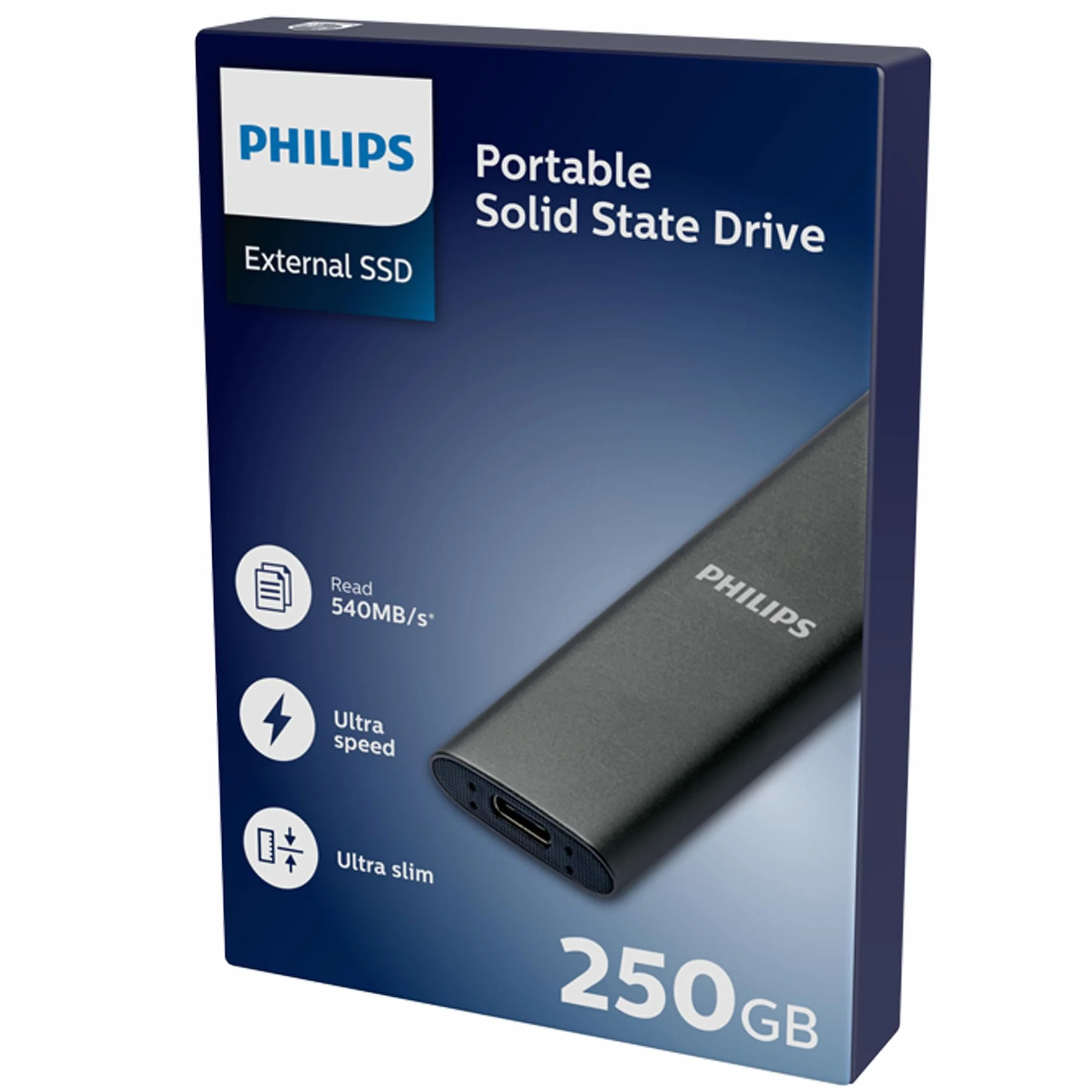 Philips Externe Portable SSD 250 GB - Ultra Slim SATA Ultra Speed USB-C, Lesegeschwindigkeit bis zu 540 MB/s, Aluminium
