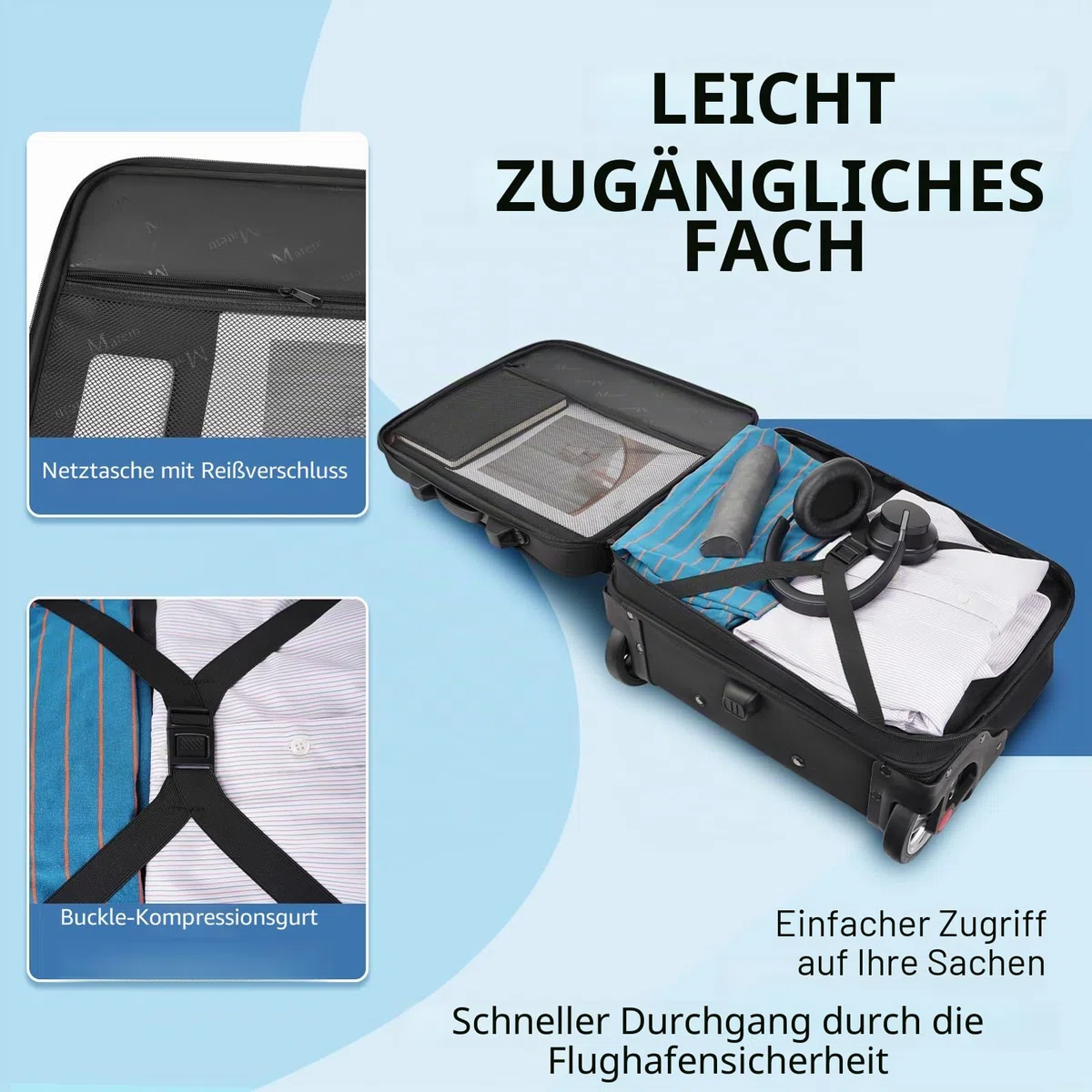 MATEIN Business Trolley mit Großen Rädern, Laptop Trolley 17,3 Zoll mit 3 Packing Cubes, Pilotenkoffer mit Rollen wasserdichte, Aktenkoffer mit Rollen für Herren, Reisen, Arbeit, Schule, Schwarz