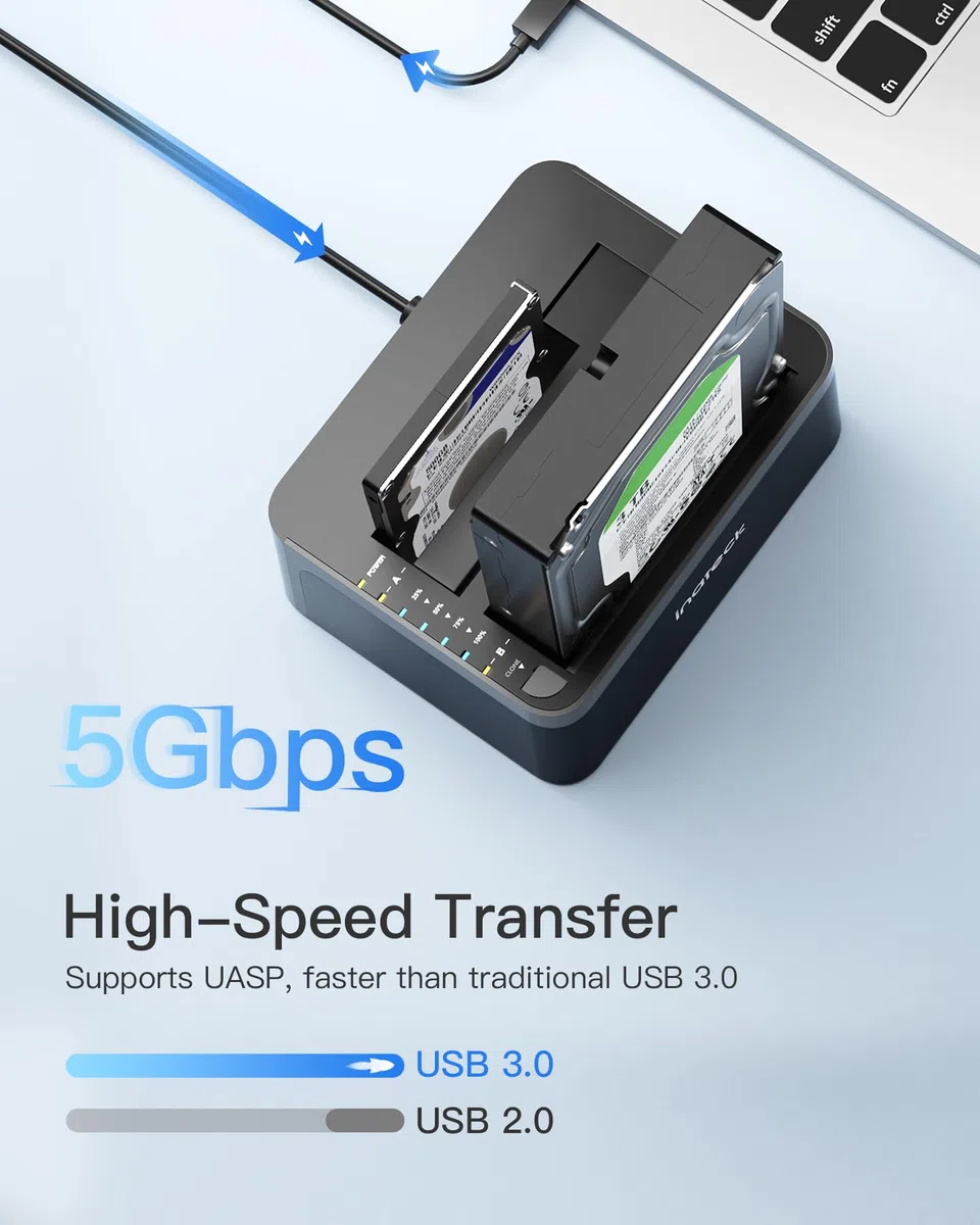 Inateck USB 3.0 Festplatten Dockingstation, Dual-Schacht Docking für 2,5/3,5 Zoll SATA HDD SSD, Offline-Klonen unterstützt, Schwarz, SA02002