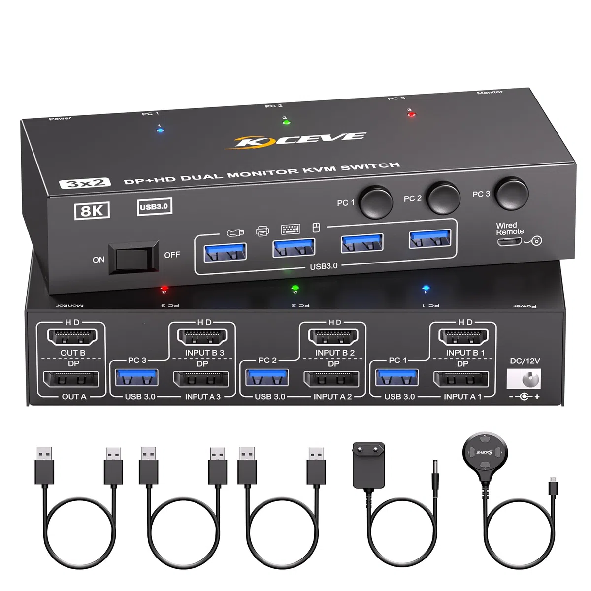 8K@60Hz HDMI Displayport Dual Monitore KVM Switch, ESKEVE KVM Switch 3 PC 2 Monitore Sharing 2 Monitore und 4 USB Geräte, mit Netzteil, Kabelfernbedienung und 3 USB Kabel