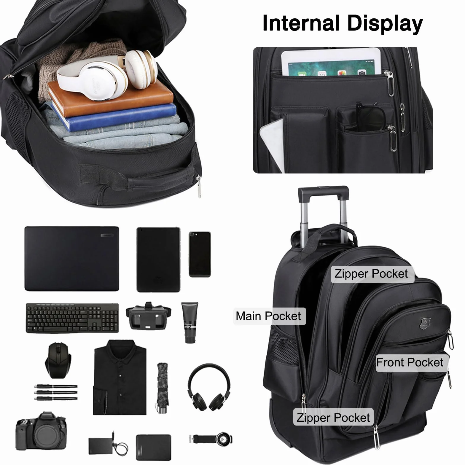 FANDARE Business Trolley Reiserucksack mit Rollen Handgepäck Koffer Groß Rolling 15.6 Zoll Laptop Rucksack Reisetasche mit Rädern Herren Laptoptasche Reisekoffer Aaktenkoffer für Schule Arbeit