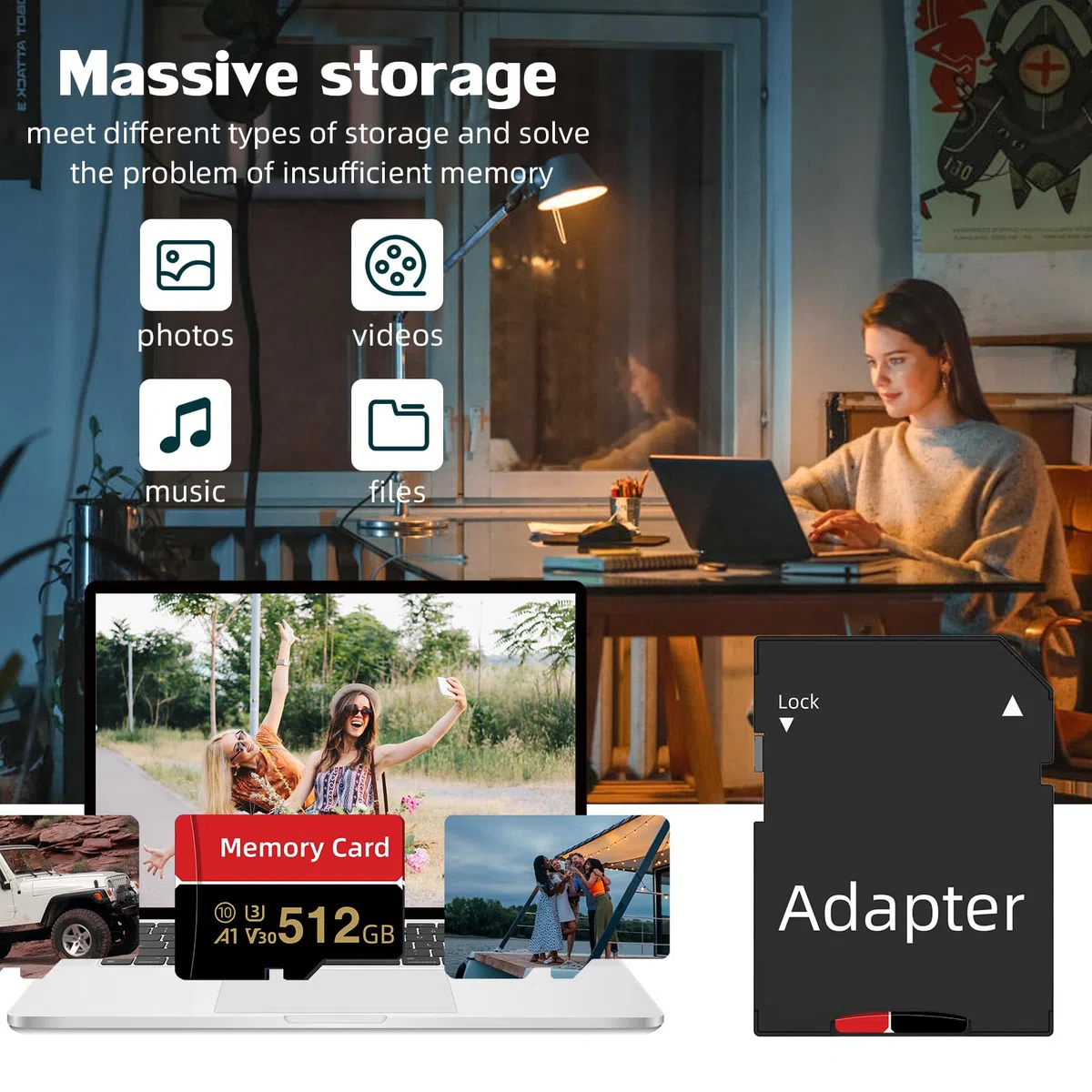 Mini-Speicherkarte 512GB, mit Adapter, Hochgeschwindigkeit Memory Karte, Massive Kapazität TF Karte, Datenspeicherung Speicherkarten für Laptop/Smartphone/Dash-Cam/Drohnen