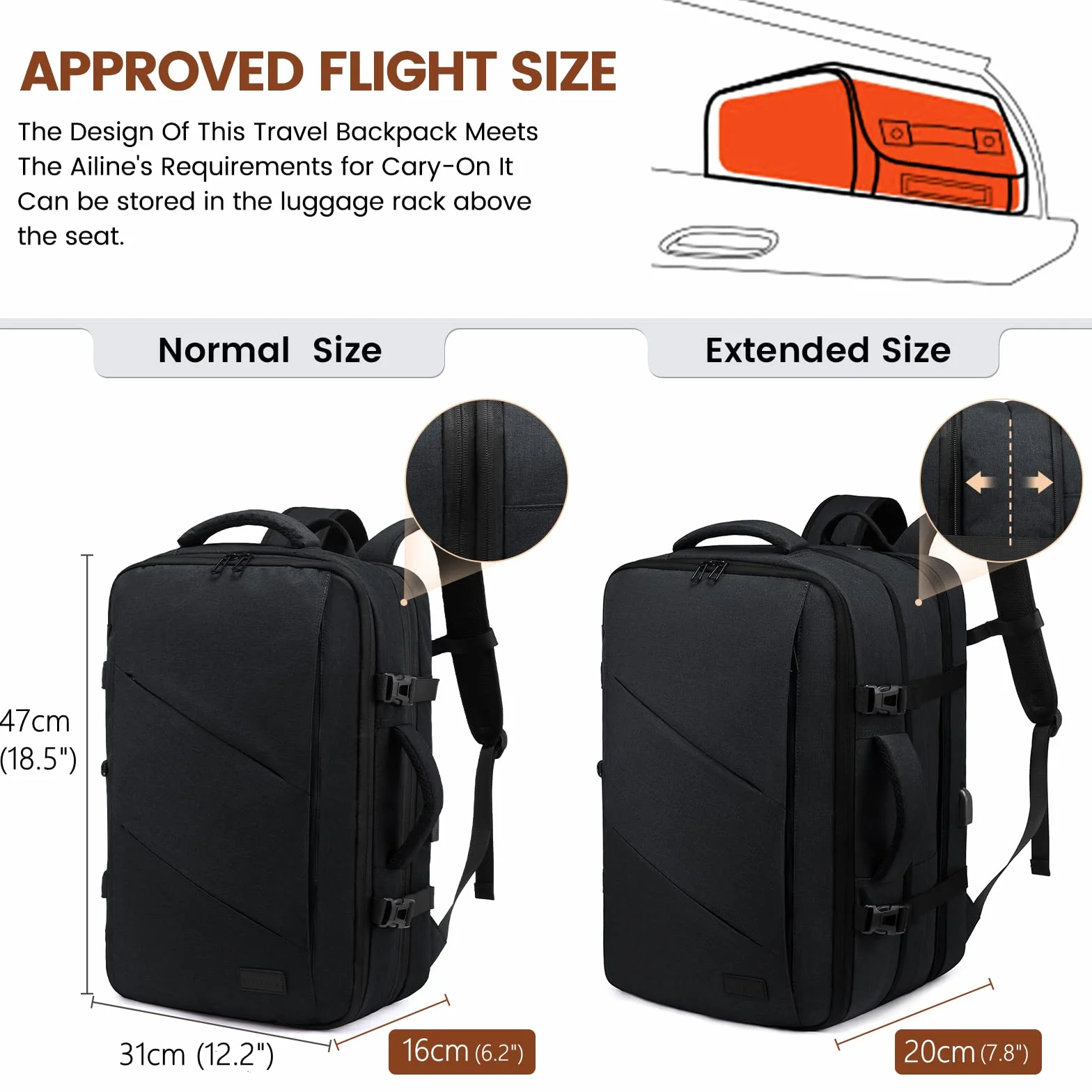 LOVEVOOK Handgepäck Rucksack, 30L Reiserucksack Herren Damen Kofferrucksack Flugzeug Tasche, Travel Backpack Carry On Luggage für 15,6 Zoll Laptop, Reisetasche Koffer Cabin Bag für Reise, Schwarz