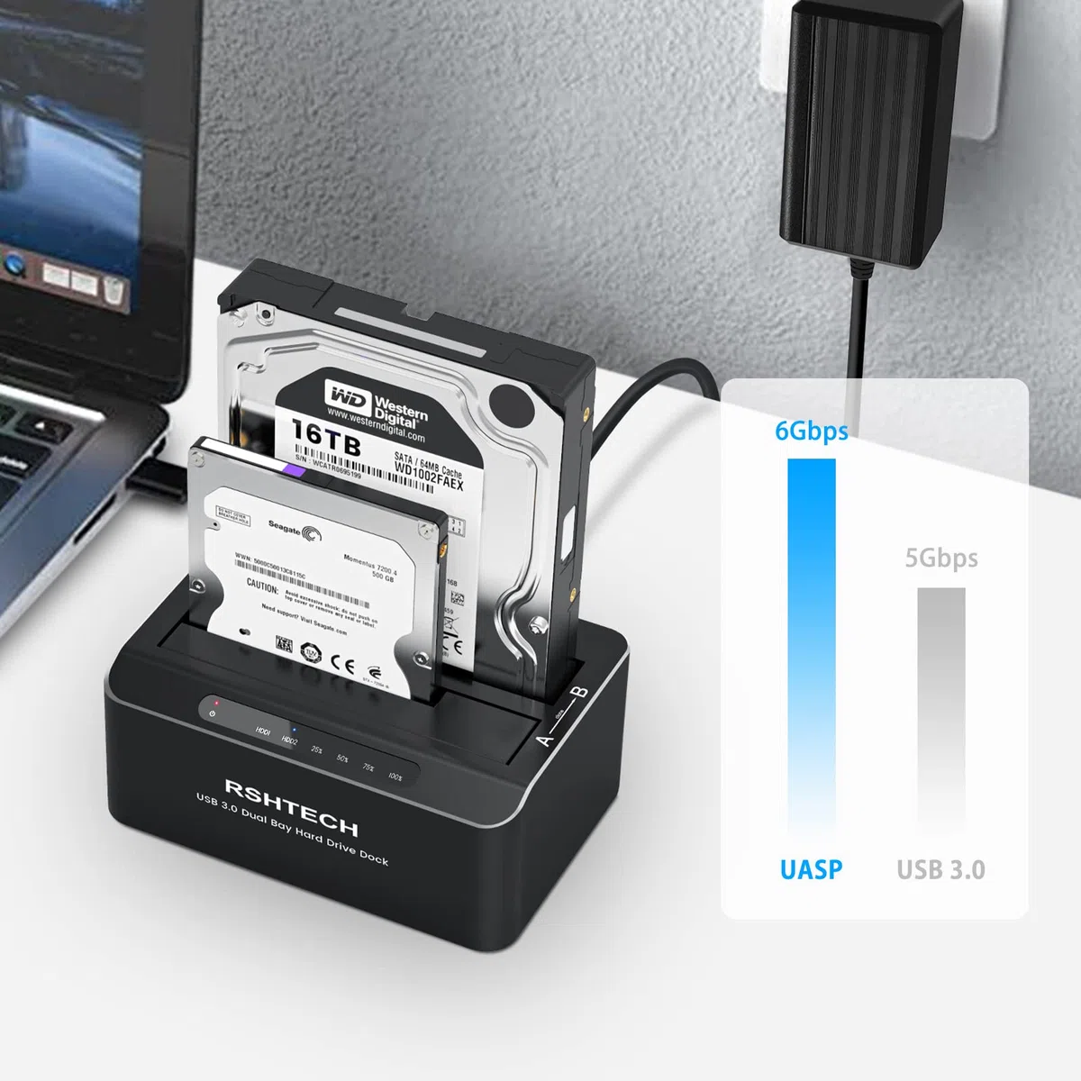 RSHTECH Dualschacht Festplatten Docking Station, USB 3.0 Aluminium Festplatten Dockingstation Offline-Klonen für 2,5 & 3,5 Zoll SATA HDD SSD, unterstützt 2 x 24TB Laufwerke, Werkzeuglose (RSH-DS01)
