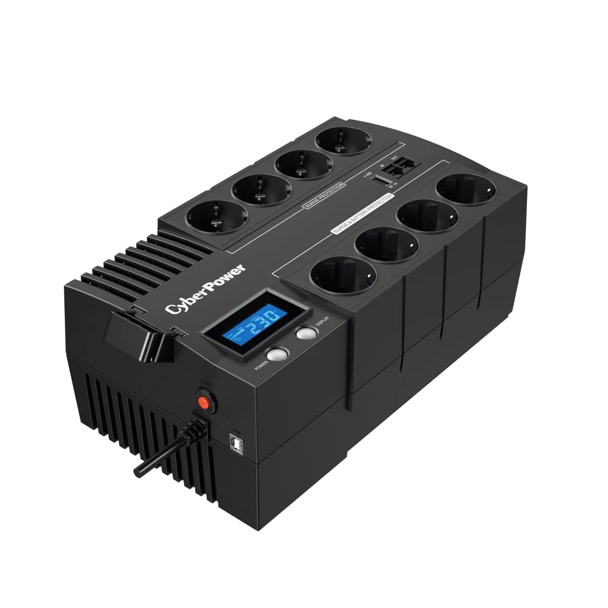 CyberPower BR700ELCD USV Line-interaktiv 700VA/420W in Schwarz, LCD Statusanzeige, AVR Buck/Boost, 8X Schuko Ausgänge 4 Batterie-Backup 4 Surge, USB HID Anschluss, RJ11/RJ45 Schutz, USB Ladeport
