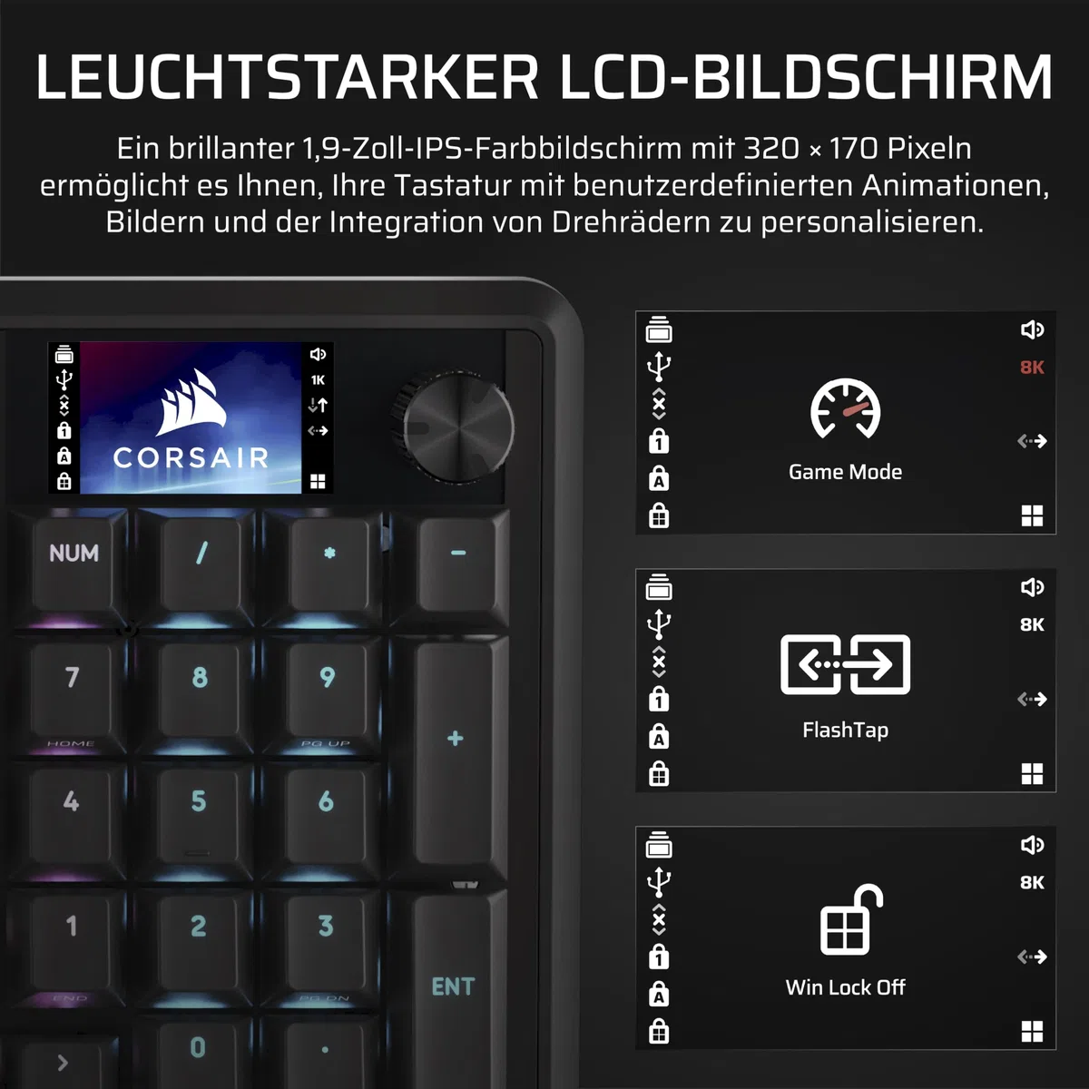 Corsair Vanguard 96 Kabelgebundene Mechanische Gaming-Tastatur – Schwarz | QWERTZ DE, 96% Layout, MLX Plasma-Linearschalter, 8000Hz-Polling, LCD-Display, Virtual Stream Deck, G-Tasten, SOCD Flashtap
