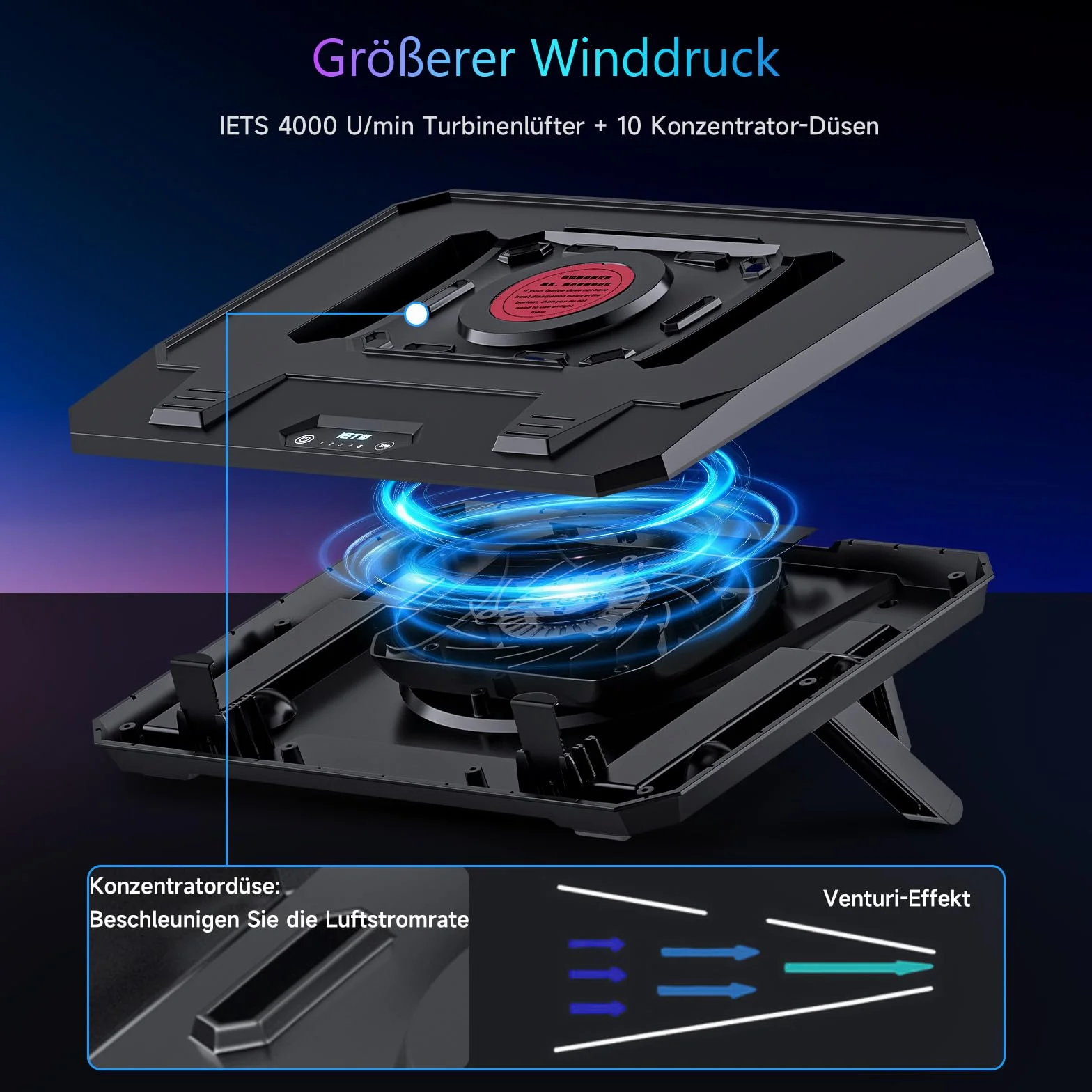 IETS GT300 Verbessertes Laptop-Kühlpad mit verstellbarem Ständer, Turbo-Kühler für schnelle Kühlung, 10-17 Zoll Gaming-Laptop, Flexibler Dichtungsring, mit Verstellbarer Luftfilterklemme (GT300B0)