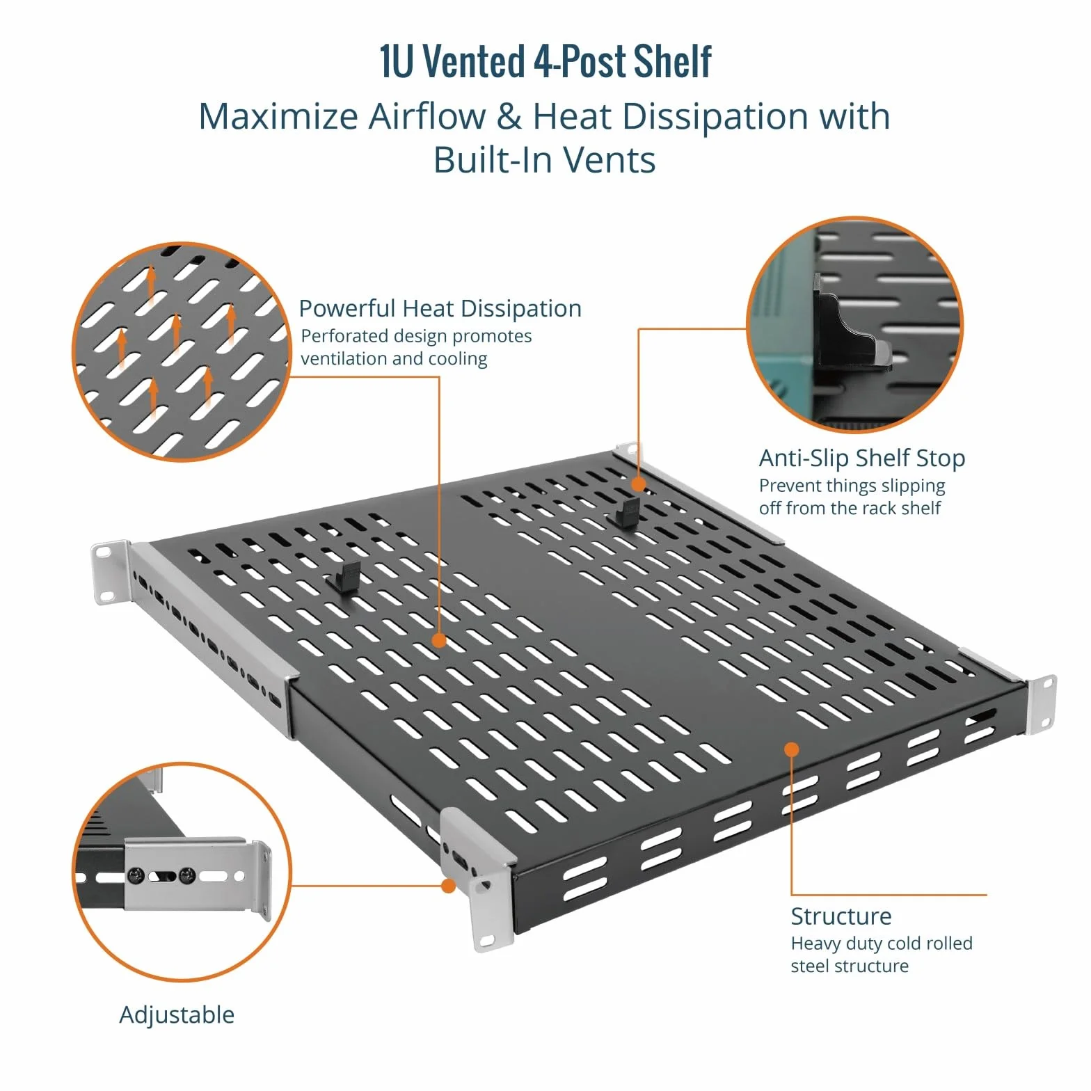 Tecmojo 1HE Fachboden, 19 Zoll 550 mm Tief, Variabele Tiefe von 343 mm bis 800 mm, Zum Festeinbau, verstellbare, belüftete Server-Rack-Einbauablage, Traglast 110 kg