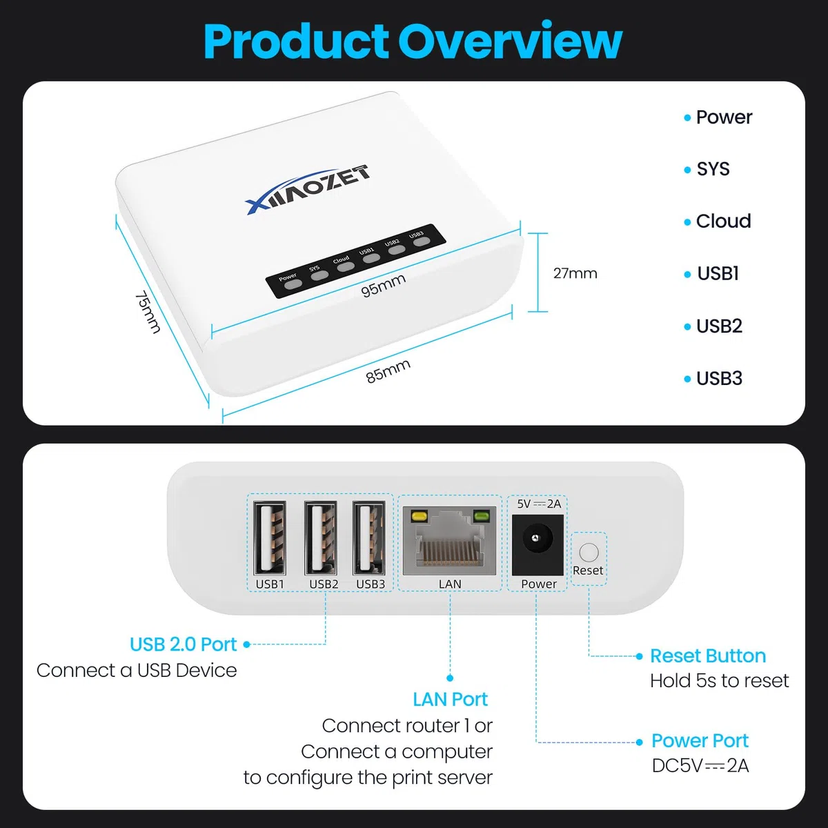 Kabelloser USB-Server Und Druckserver Teilen USB-Geräte (drucker, Scanner Oder Mehr) Über LAN Ethernet Wifi-Netzwerk, Einfache Einrichtung, Kompatibel Mit Windows Mac Linux