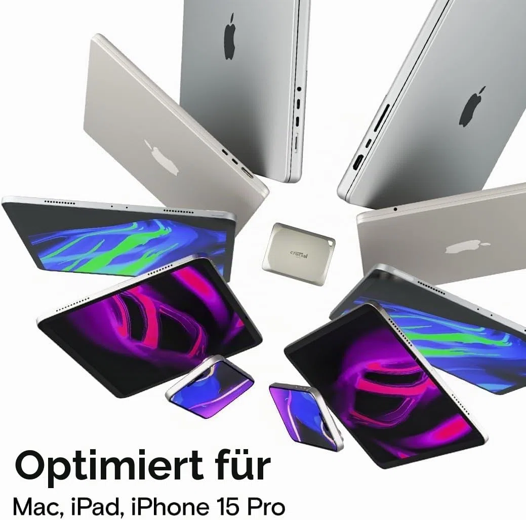 Crucial X9 Pro für Mac 1TB Portable SSD Festplatte, bis zu 1050MB/s Lesen/Schreiben, Mac Ready, IP55 Wasser- und Staubgeschützt, Externe Solid State Drive, USB-C 3.2 - CT1000X9PROMACSSD9B02