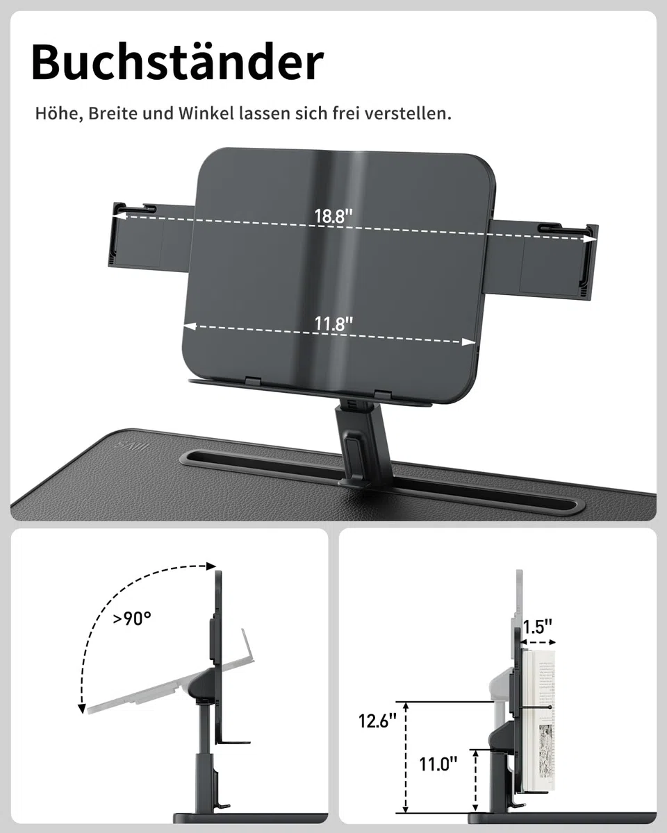 SAIJI Laptop Tisch [Premium XXL Extra Groß] mit Höhenverstellbarem Lesepult, Vielseitig Einsetzbarer Premium Bett Tisch, Faltbarer Laptoptisch fürs Bett mit Schublade (Schwarz)