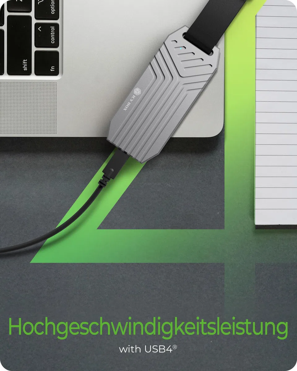 ICY Box (USB4) M.2 NVMe Gehäuse, bis zu 40 Gbit/s, USB-C Gen 3x2, für M.2 2280 NVMe SSD, werkzeuglose Montage, Aluminium Kühlgehäuse, Plug & Play, IB-1919M-C42