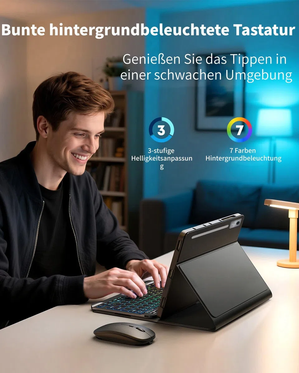 für Lenovo Idea Tab Pro 12.7 Zoll (2025) Hülle mit Kabelloses Bluetooth Deutsch (QWERTZ) Beleuchtete Farbige Tastatur und Maus,Farbige Hintergrundbeleuchtung Magnetisch Abnehmbar,Backlit Keyboard Case