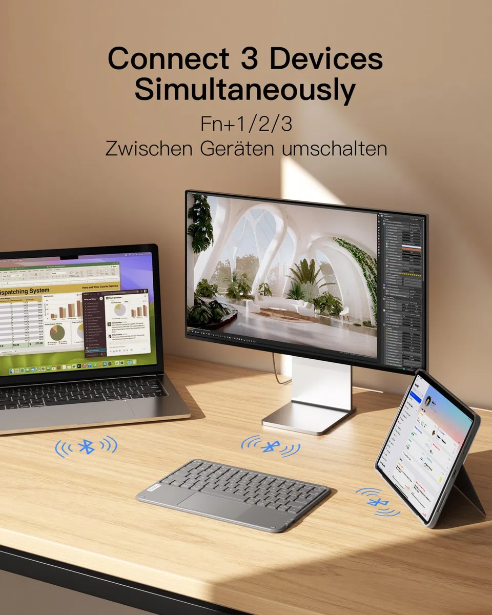 Inateck Tablet Tastatur mit Touchpad, Ultraleichte Tastatur Kabellose QWERTZ Deutsch mit Trackpad, kompatibel mit iPad/Tablet/Windows/Laptop/PC,KB01105