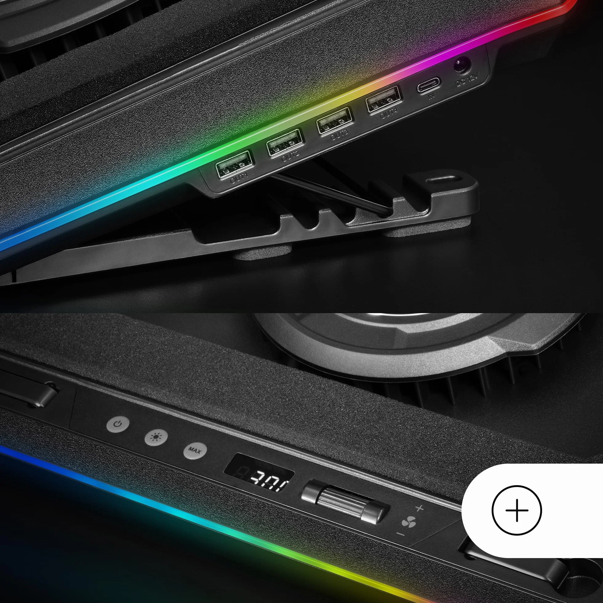 Mars Gaming MNBC-Ultra, Kühlbasis und Ständer, 140mm Lüfter, CoolCore Airflow Technologie, RGB Chroma, 5 Positionen, Kompatibel mit Laptops bis 18”, Smartphone-Halterung, 4X USB-A, Schwarz