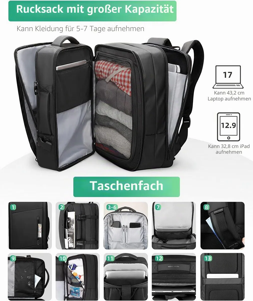 MARK RYDEN Erweiterbarer 26L-38L Rucksack,Business Herren, Laptop-Tasche 17 Zoll,Hydrophobe Stoffe, Diebstahlsicher, Fluggeprüfter, Handgepäck