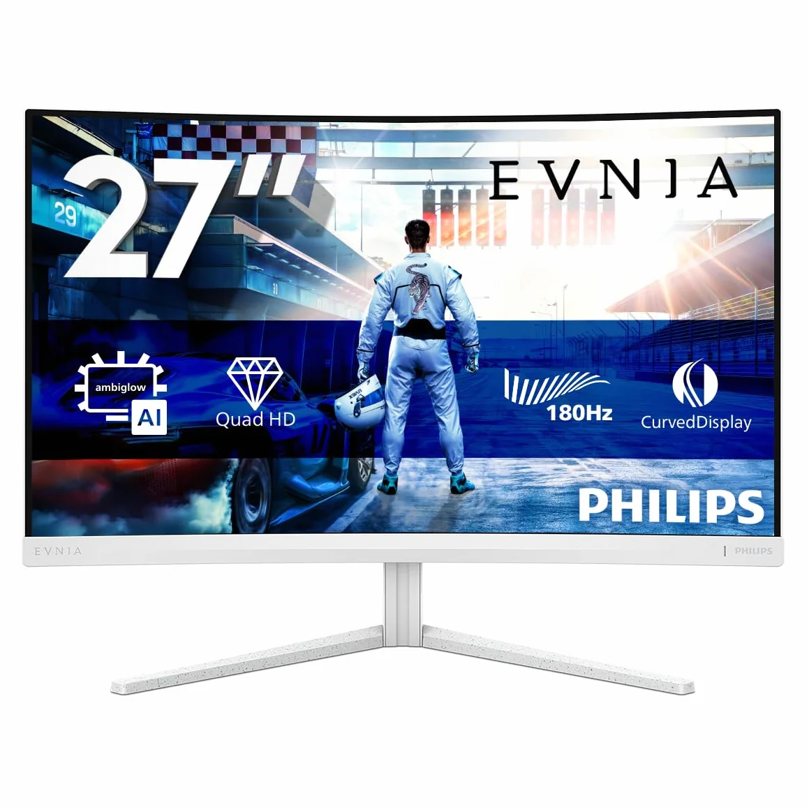 Philips Evnia 27M2C5501-27 Zoll Quad HD Curved Gaming Monitor, 180 Hz, 1 ms, FreeSync Premium, HDR10, Ambiglow (2560x1440, 2X HDMI 2.0, 1x DisplayPort 1.4) Weiss