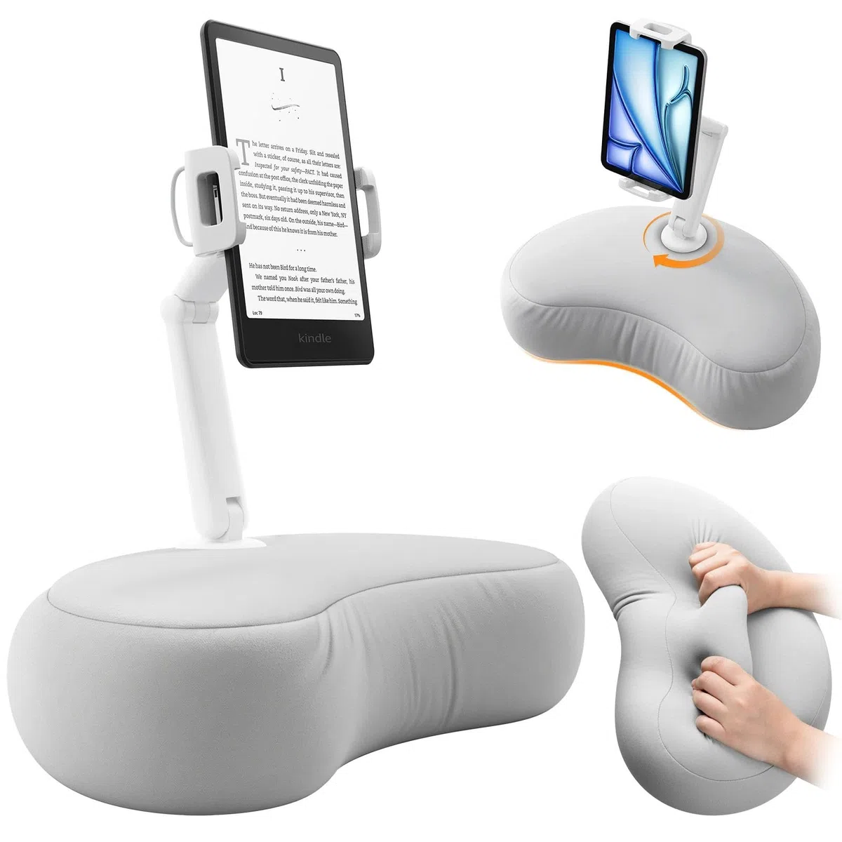 SAIJI Tablet Kissen Halter, 360° Verstellbarer Kindle Halter ipad Halterung Bett mit flexiblem doppelachsigem Arm, Tablet Halterung für iPad, iPhone, Kindle und alle Geräte von 4,7"-15,6"（Grau）