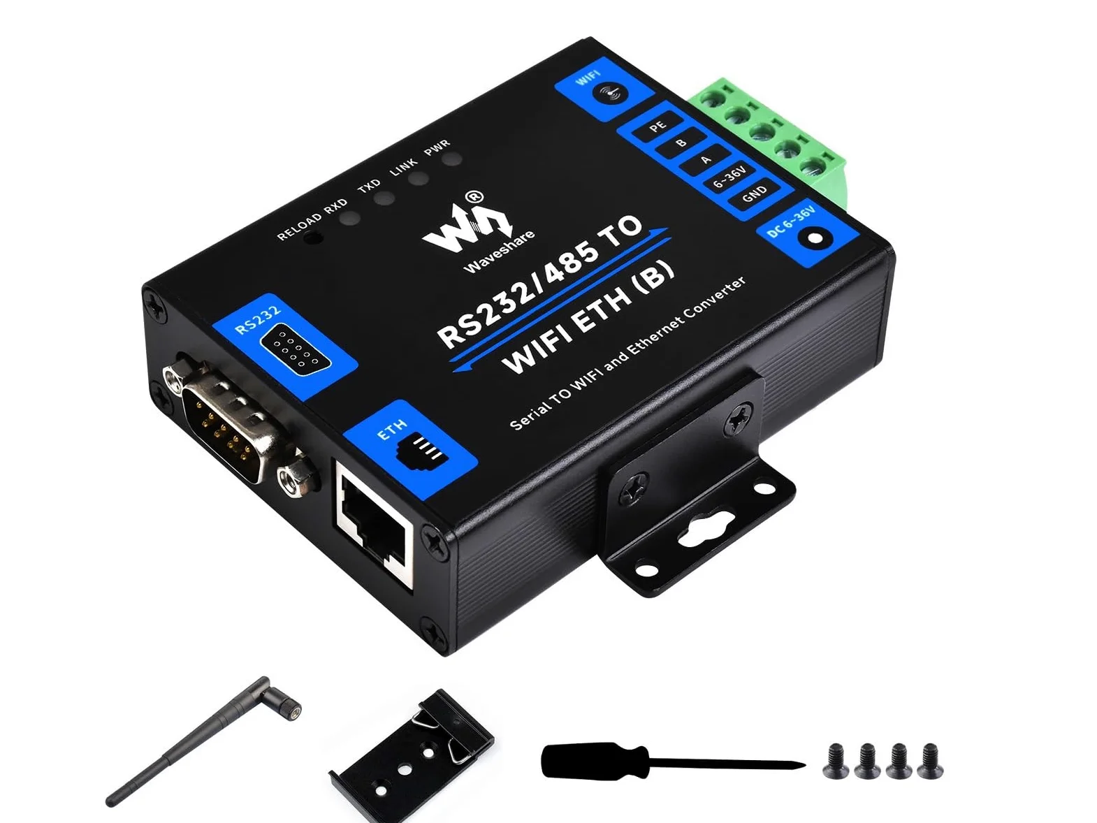 Waveshare RS232/485 to WiFi and Ethernet Converter, Industrial Grade Serial Server, Modbus Gateway, MQTT Gateway