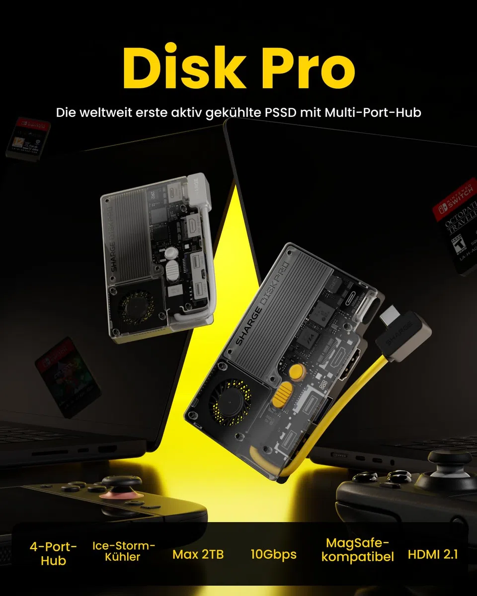 sharge Disk Pro 1TB Tragbare SSD mit Aktivkühlung, 4-Port Hub mit HDMI 2.1, USB-C 10 Gbps Kabel, Magnetische Externe SSD für MacBook, PC, PS5, Steam Deck