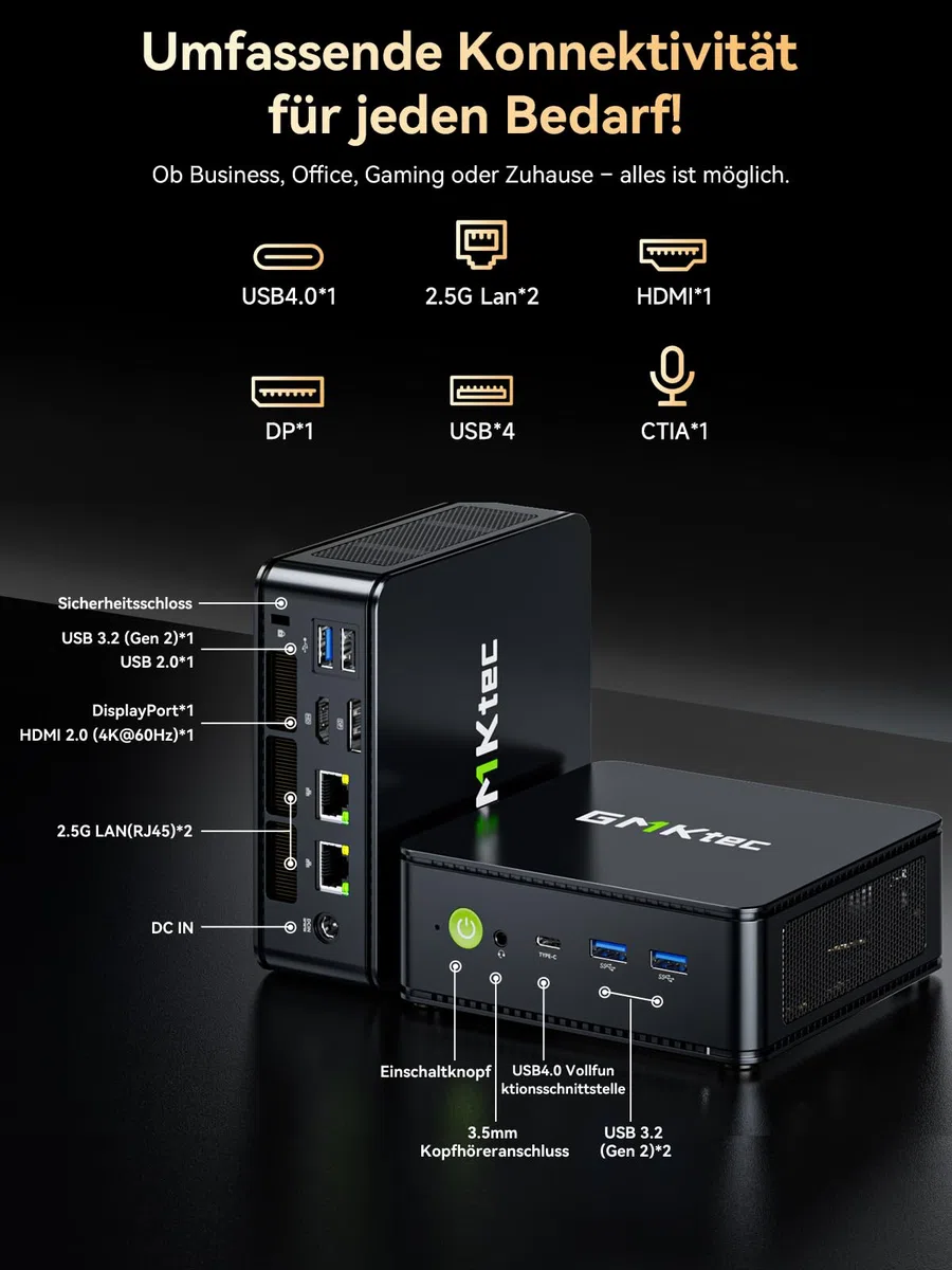 GMKtec Gaming Mini PC Ryzen 5 7640HS (stärker 6800H) mit grafikkarte AMD 760M, 32GB DDR5 RAM 512G M.2 SSD, Mini Desktop Computer mit Dual 2.5G LAN/WiFi 6E/Triple 4K Display/USB 4.0 für Spiele und Büro