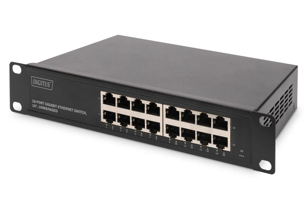 DIGITUS Netzwerk-Switch – 10 Zoll 1HE – 1 Gbit/s – 16 Ports – Unmanaged | 16x RJ45 – Auto MDI/MDI-X – Gigabit Ethernet – Für 10-Zoll (254 mm) Netzwerkschränke – Schwarz