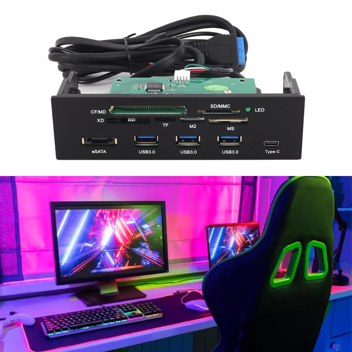 Interner Kartenleser an der Vorderseite, 5,25-Zoll-Multifunktions-Kartenleser-Dashboard, unterstützt USB 3.0, USB 3.1, eSATA M.2 + SD, MS, XD, CF, TF