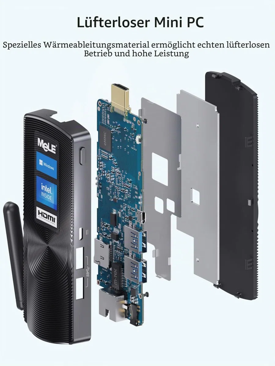 MeLE PCG02 Mini-PC-Stick Lüfterloser Celeron J4125, Kleiner Computer, Micro-PC, LPDDR4, Win11, HDMI 4K 60Hz, 2.4G/5G Wi-Fi 5, Gigabit Ethernet, BT 4.2, USB 3.0, Wake on LAN, PXE (8G/256G)