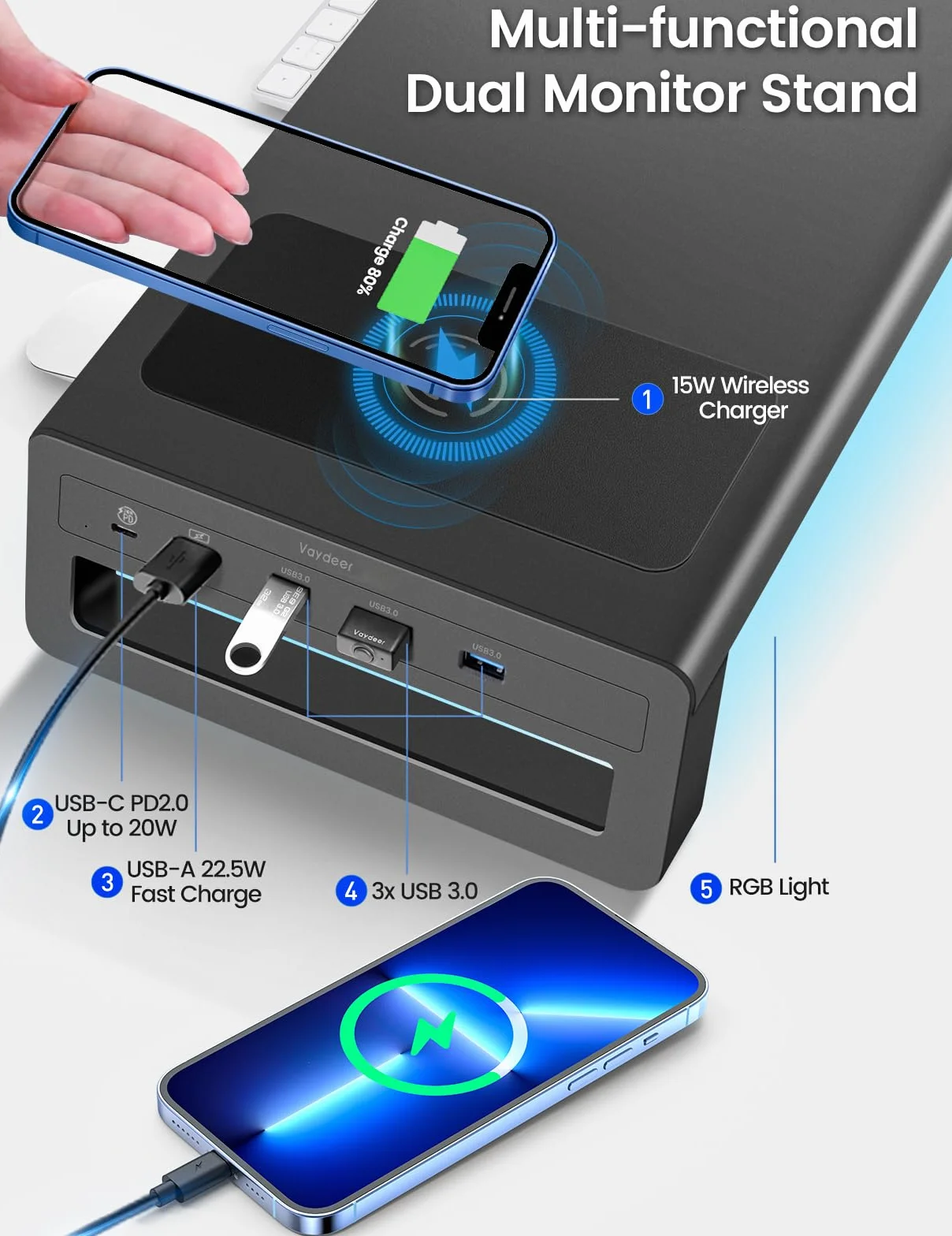 Vaydeer Dual-Monitor-Ständer mit kabelloser Aufladung und 4 USB-Hubs - Metallständer für 2 Monitore - Unterstützt bis zu 32 Zoll - für Computer, Laptop - Schwarz
