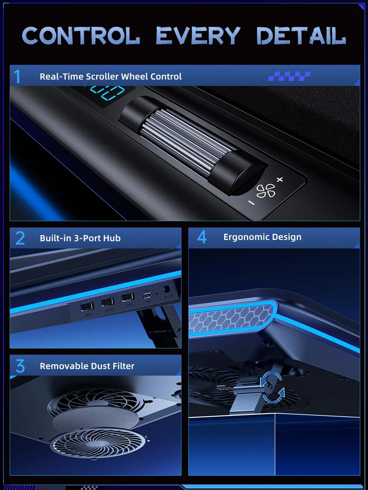 llano RGB Gaming Laptop Kühler Kühlpad Kühlkissen mit stufenloser Touch-Bedienung & 3 Port USB A, groß Leistungsstarker Turbo Lüfter Dichtungsschaum für 15-19'' Computer Notebook