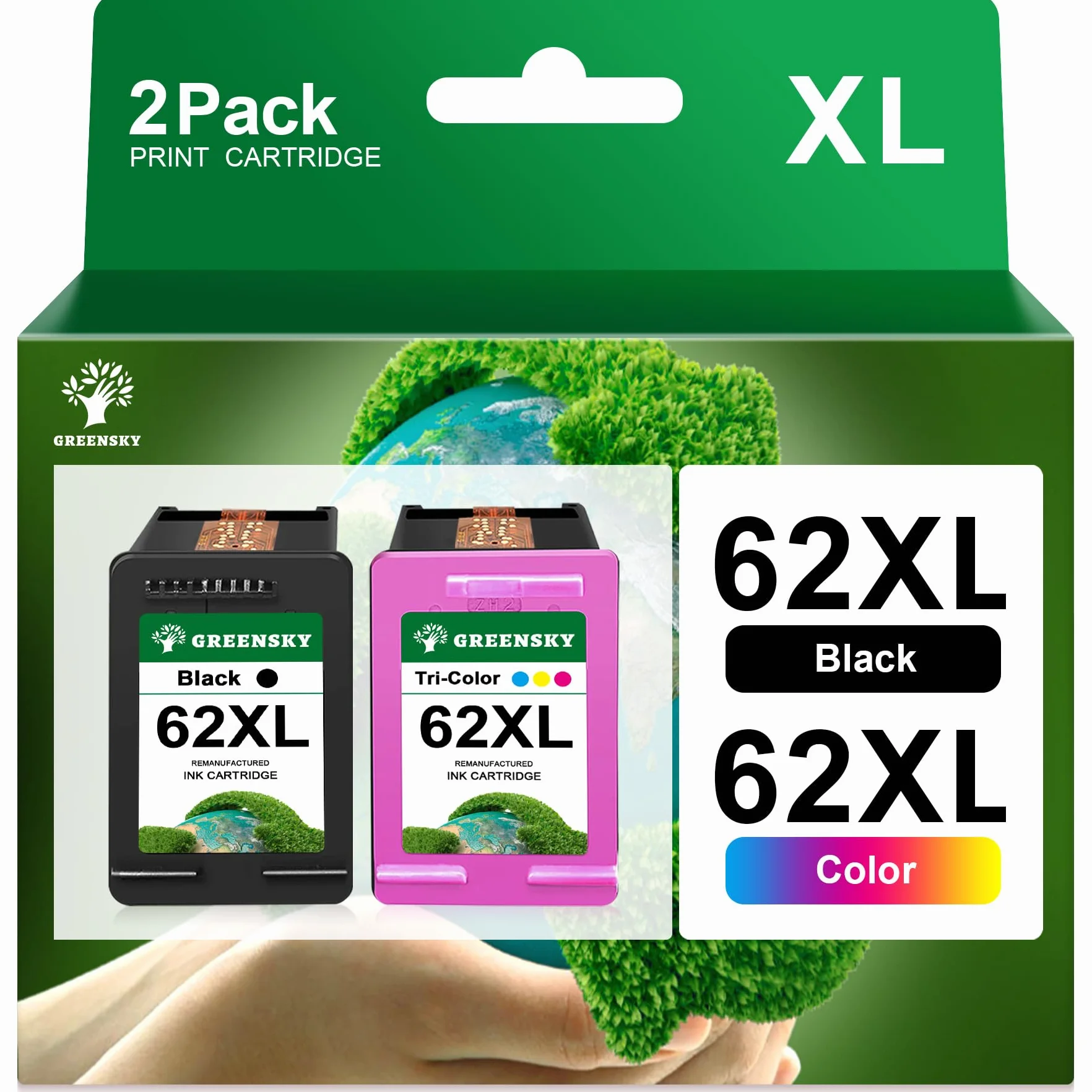 GREENSKY 62XL Kompatibel Ersatz für HP 62 Druckerpatronen 62 XL 62XL schwarz und Farbe Patronen für HP OfficeJet 250 200 5740 5742 Envy 5540 5548 7640 5640 5646 (1 Schwarz, 1 Farbe)