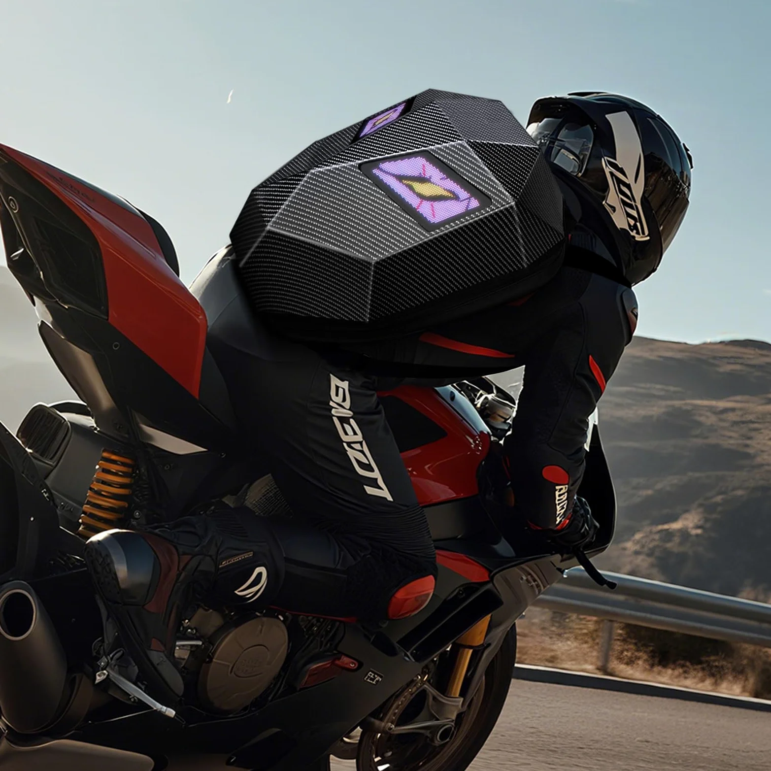 48 cm LED Motorrad Knight Rucksack für Männer, Hard Case Fahrrucksack Motorrad Laptop Tasche Wasserdicht, DIY Programmierbarer Full Color Display & Augen