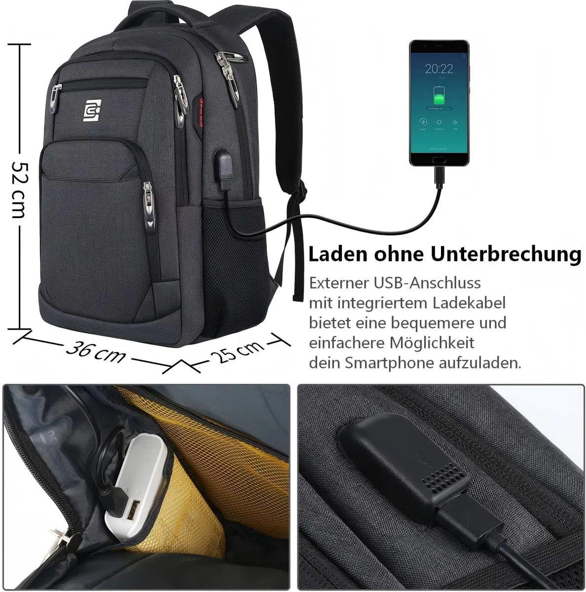 marcello Rucksack Herren, Laptop Rucksack mit USB Ladeanschluss für 17 Zoll Notebooks Arbeit Business, Schule Uni Schulrucksack für Jungen Teenager mit Anti Diebstahl Tasche (Retro-schwarz, 20 Zoll)