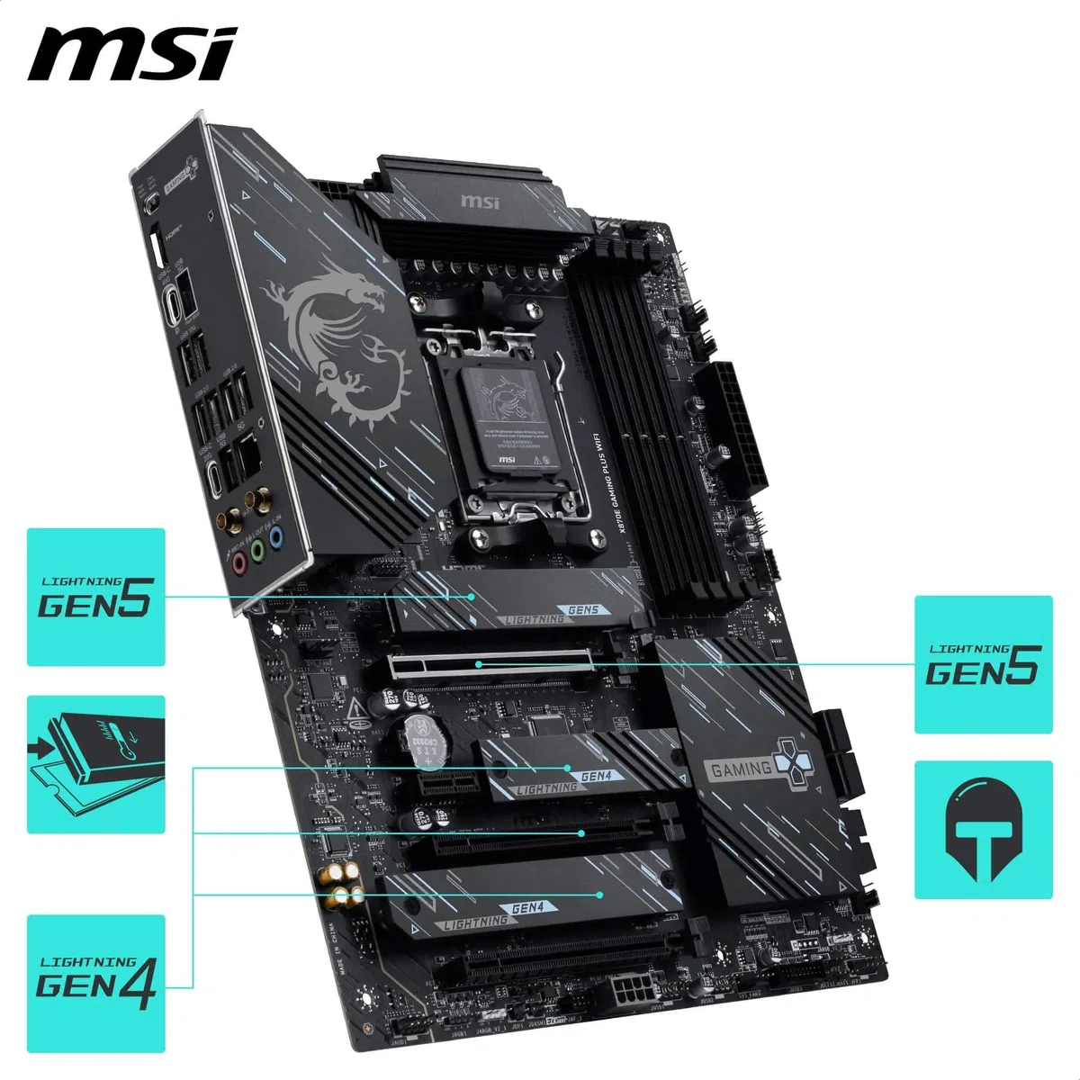 MSI X870E Gaming Plus WiFi Mainboard, ATX - Unterstützt AMD Ryzen 9000/8000 / 7000 Prozessoren, AM5-60A SPS VRM, DDR5 Memory Boost 8200+ MT/s (OC), PCIe 5.0 x16 & 4.0 x4, M.2 Gen5, Wi-Fi 7, 5G LAN