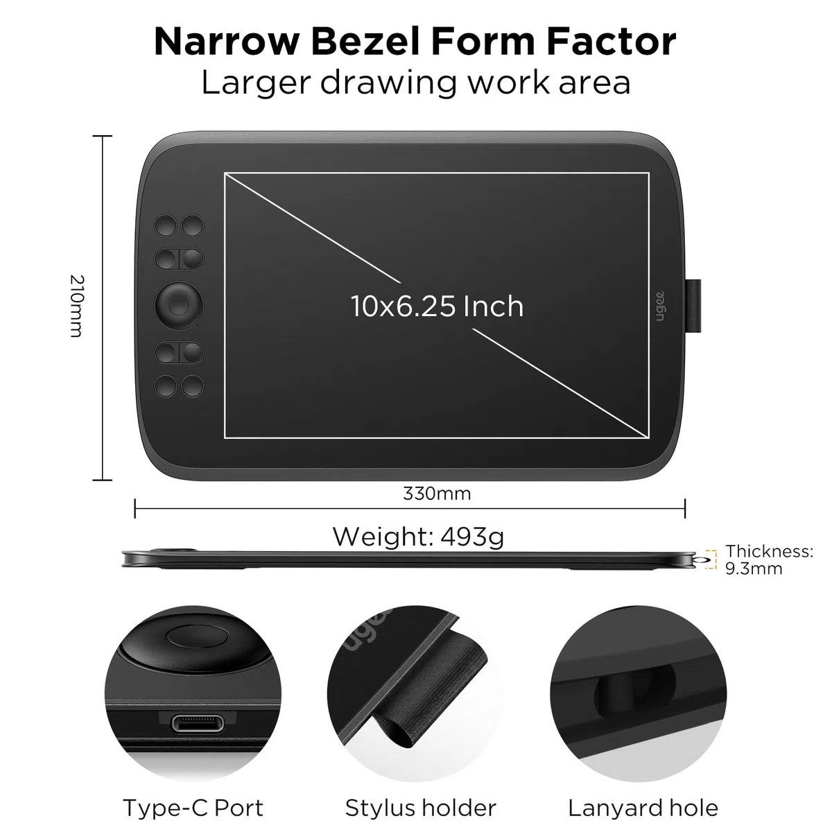 ugee M908 10x6,25 Zoll großes Zeichentablett,Grafiktablett für PC mit Scrollrad und 8 Shortcut-Tasten, batterieloser Stift der neuen Generation