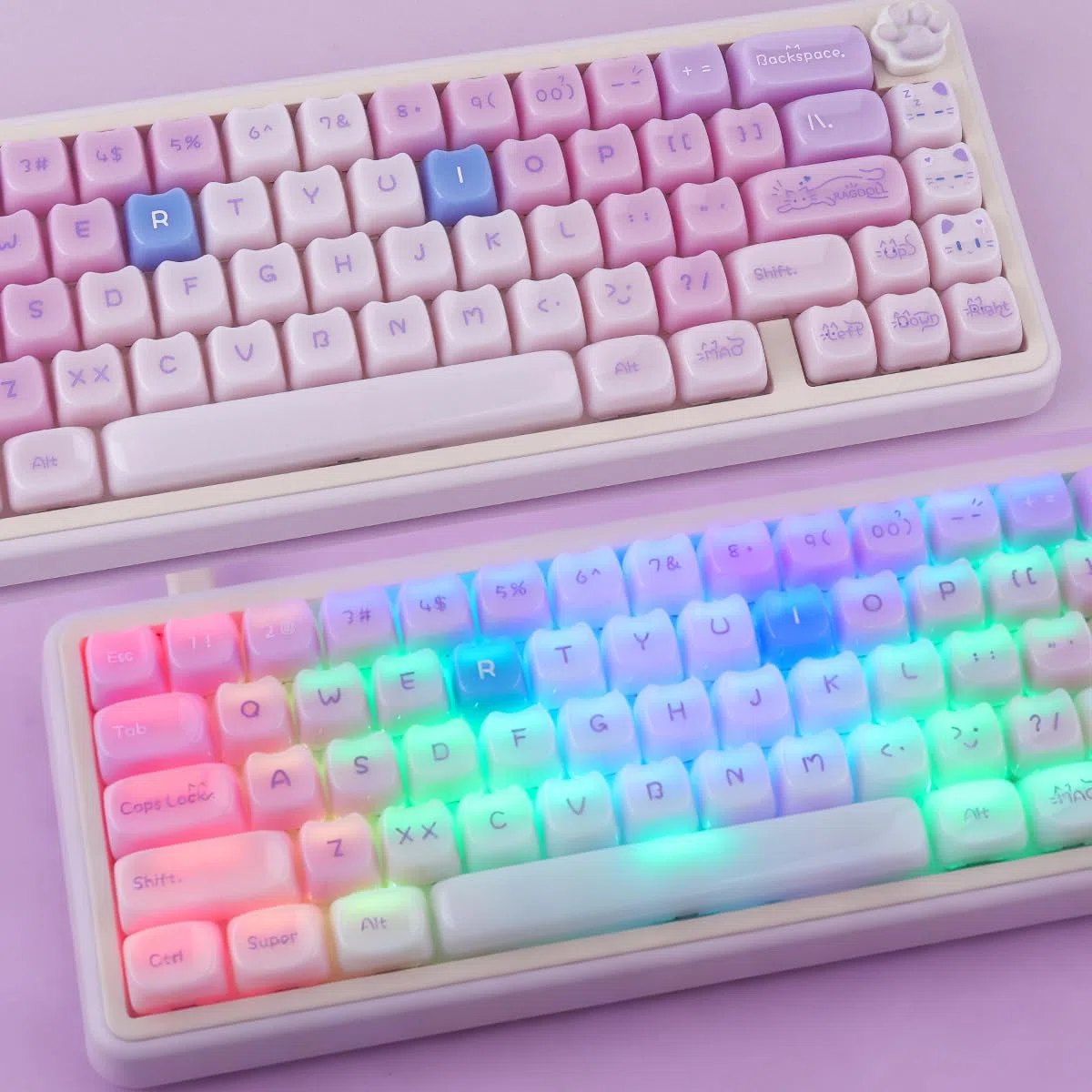 Ceramic Jade Purple Cat Keycaps, 148 Keys Translucent Creamy Jelly Cute Keycaps Mao Profile Custom Keycap for Cherry Gateron MX Swithes Mechanical Keyboards