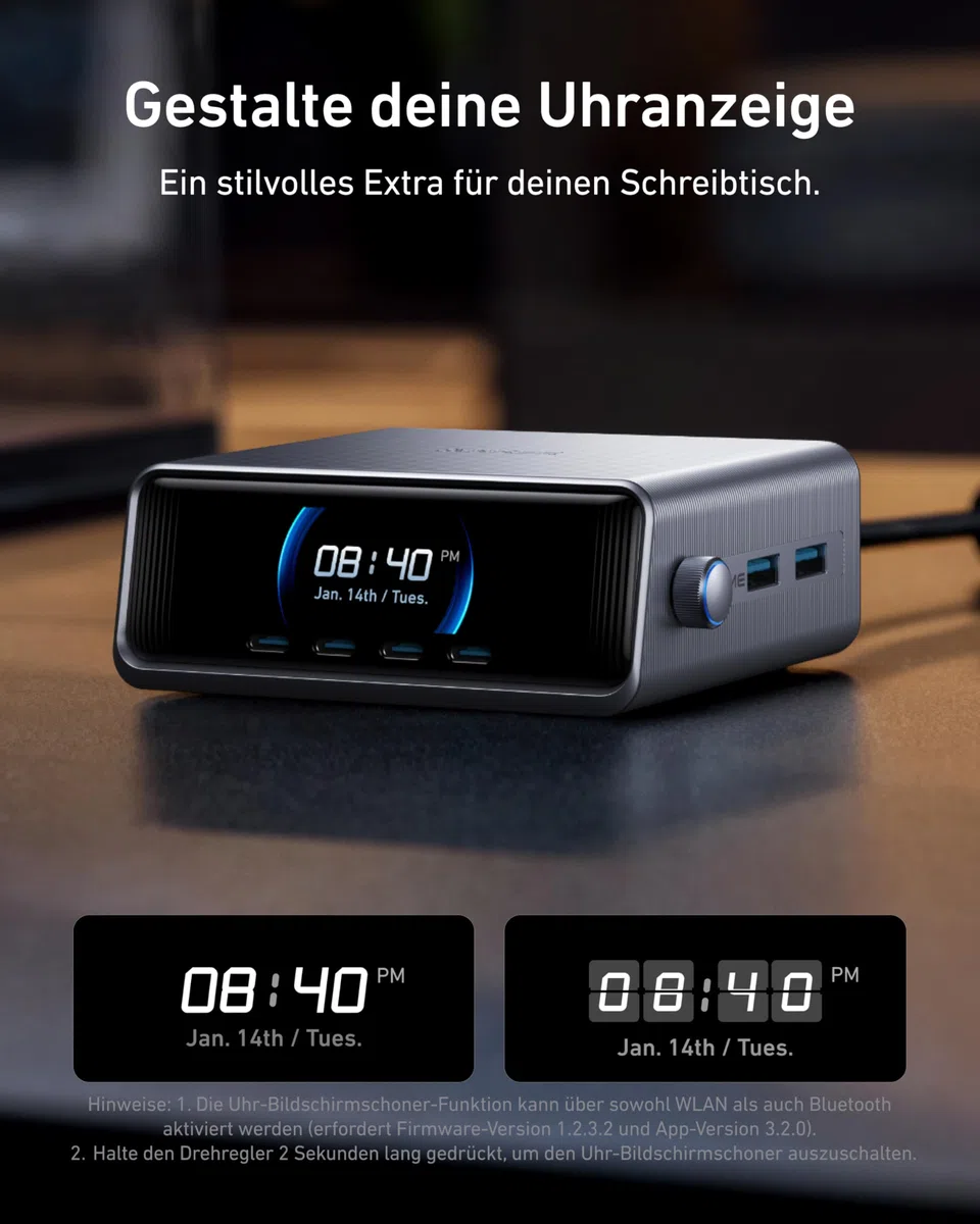 Anker Prime 250W USB C Ladegerät, Ultra-schnelle 6-Port GaN Ladestation, 2,26" LCD-Display und Smart Control Regler, kompatibel mit MacBook Pro/Air, iPhone 17/16/15, Pixel, Galaxy, Apple Watch & mehr