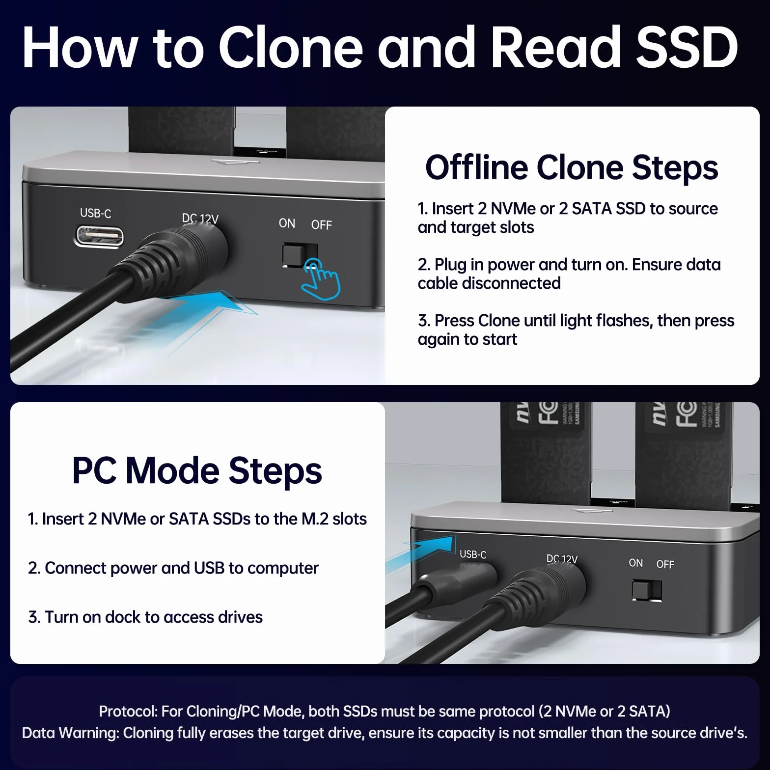 SSK M.2 NVMe SATA SSD Klonen Docking Station, Dual Bay Festplatten Dockingstation, USB 3.2 Gen 2 10Gbps M.2 SSD Gehäuse, USB Adapter für M-Key-/B+M-Key PCIe SSD Reader mit Offline-Klonfunktion