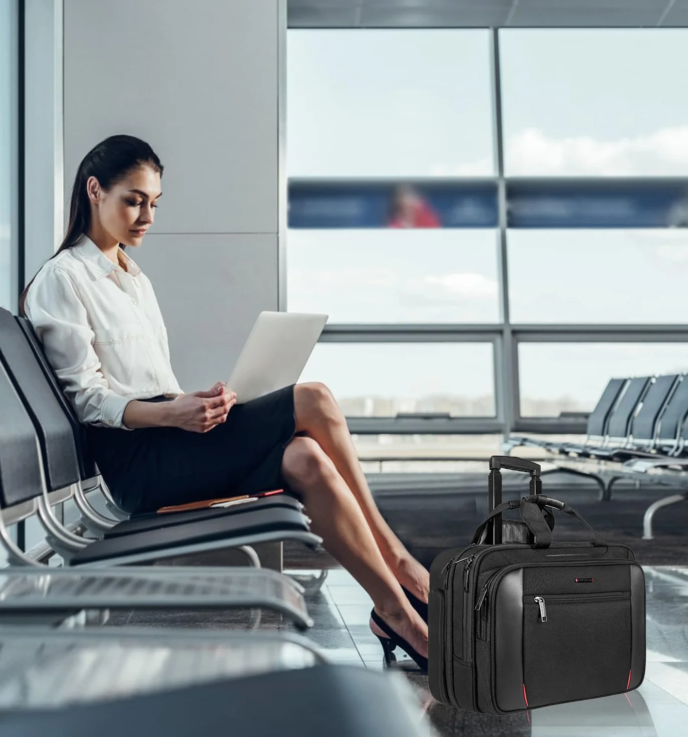 EMPSIGN Business Trolley Laptoptasche mit Rollen, Rolling Laptop Case mit Rädern bis zu 17,3 Zoll Laptop wasserdichte Aktentasche für Geschäft/Pendeln/Reisen/Schule, Schwarz