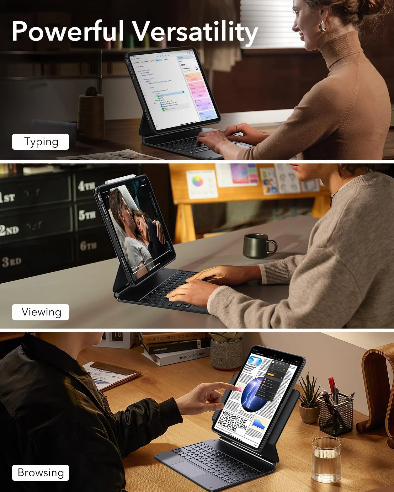 ESR 【Upgraded】 iPad Air 13" (M4/M3/M2, 2026/2025/2024) Hülle mit Tastatur, Tastaturhülle mit Einzustellendem Magnetständer, Hoch-/Erhöhter Modus, Abnehmbare Schutzhülle, Rebound 360 Serie, Schwarz