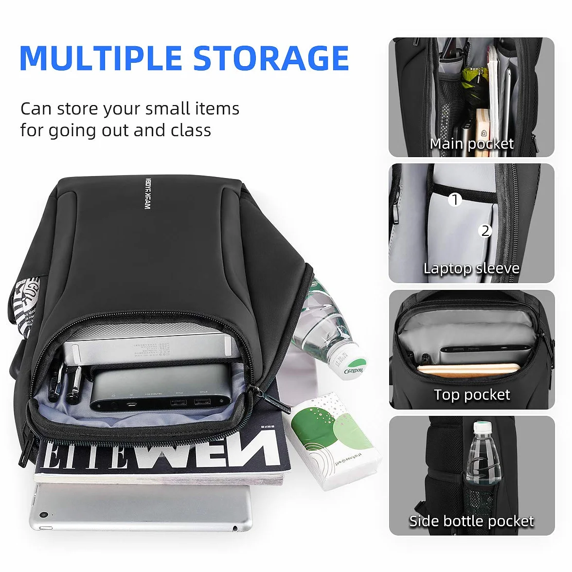 Muzee Umhängetasche，wasserdichter Crossbody Rucksack ，Diebstahlsicherung Rucksack mit mehreren Taschen，lässiger Herrenrucksack (für 10,5-Zoll-iPad)