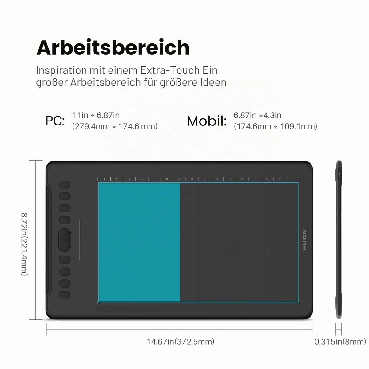 HUION Inspiroy H1161 Grafiktablett, Touch-Streifen und 8192 Stiftdruck-Skizzen-Tablet mit Batterielosem Stylus, 10 Shortcut-Tasten, Kompatibel mit Android, Windows und Mac, Schwarz