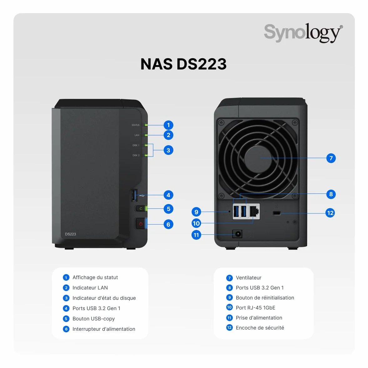 Synology DS223 2-Bay Diskstation NAS (Realtek RTD1619B Quad-Core 2GB Ram 1xRJ-45 1GbE LAN-Port), Schwarz