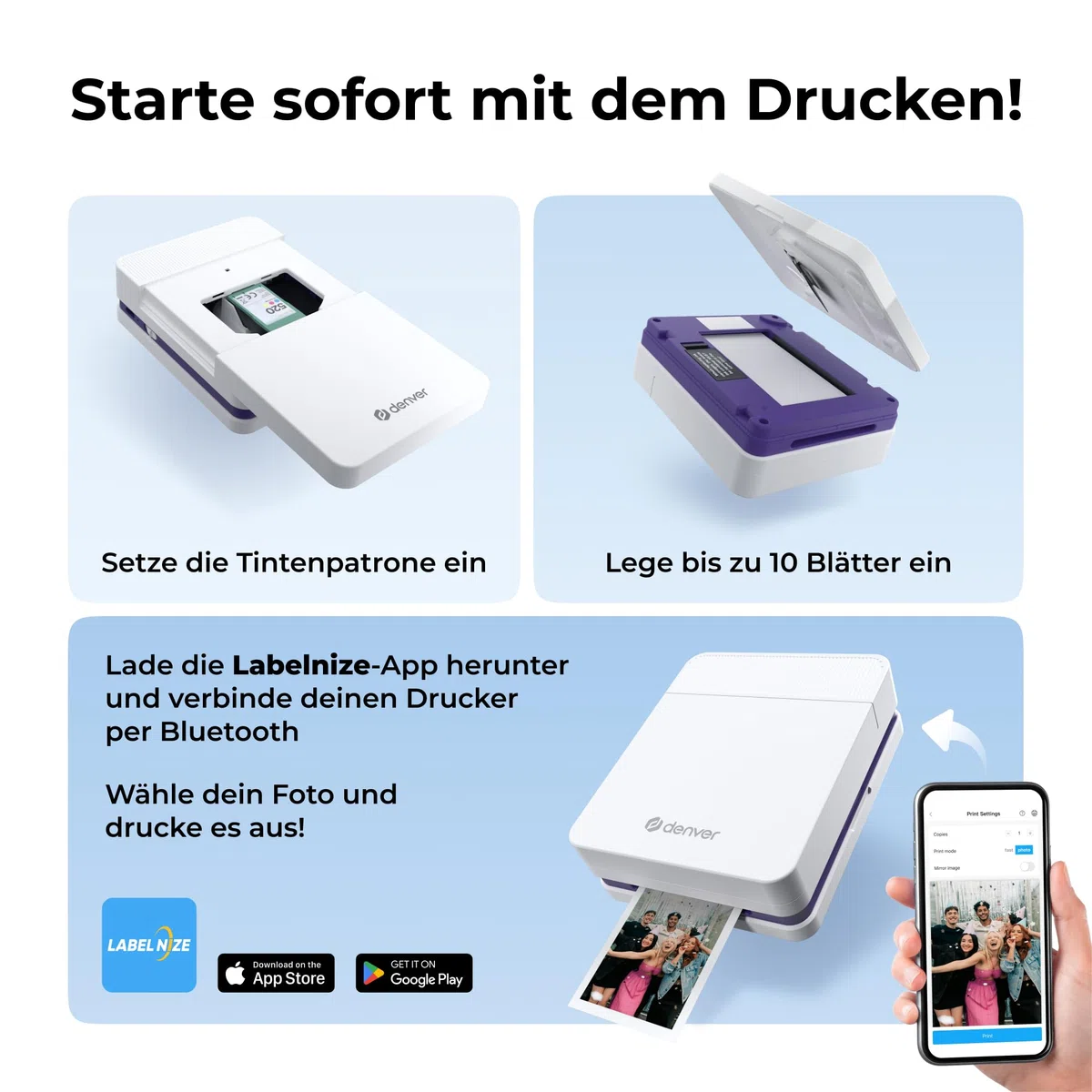 Denver MCP-6010 Mini Fotodrucker für Smartphone, mobiler Farbdrucker mit Bluetooth 5.2, 600 DPI, iOS & Android, tragbarer Fotodrucker mit Akku, inkl. Patrone & 20 Blatt Fotopapier Set