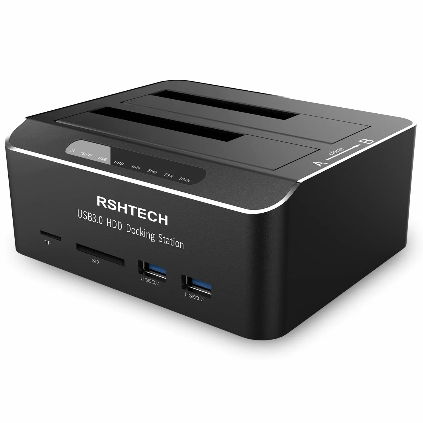 Dualschacht Festplatten Docking Station, RSHTECH USB 3.0 Aluminium Festplatten Dockingstation Offline-Klonen für 2,5 & 3,5 Zoll SATA HDD SSD, unterstützt SD & TF Karte, 2 x 24TB Laufwerke, 6 Gbit/s